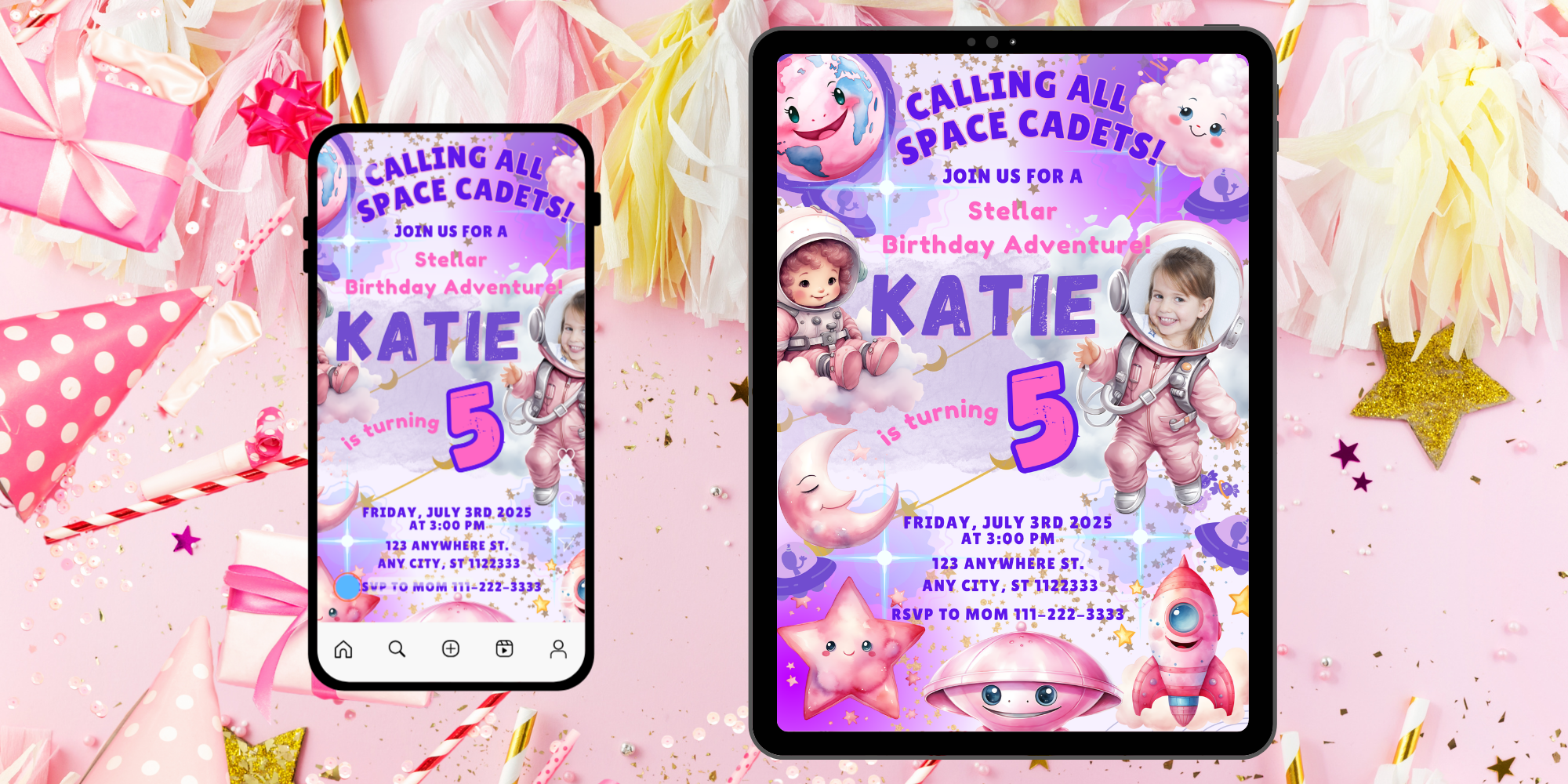 Personalized Outer Space Birthday Invitation | Pink & Purple Galaxy Party Invite | Digital Download