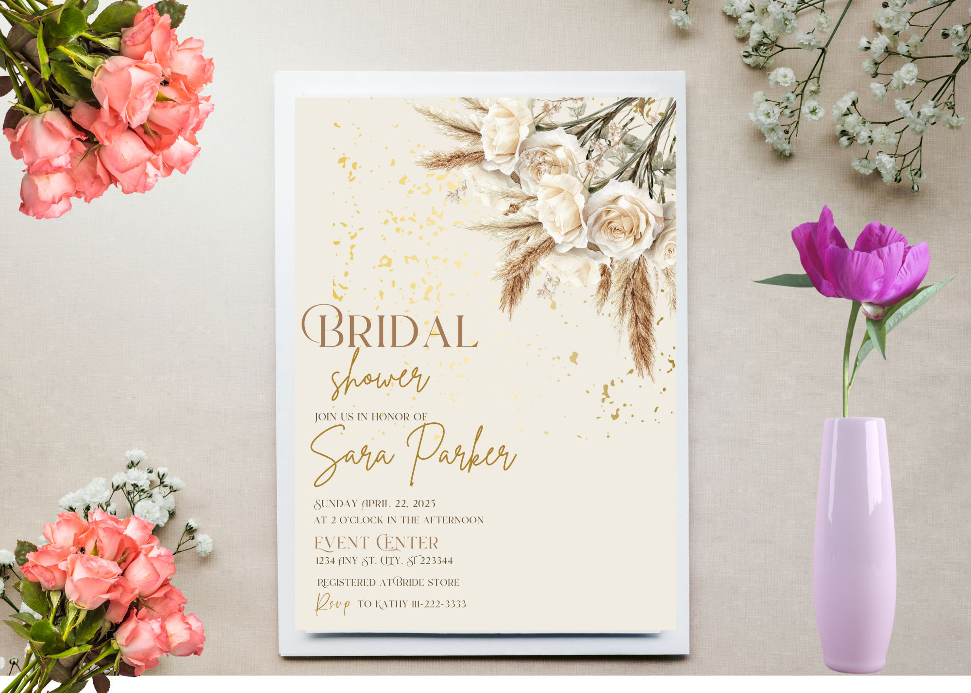 Beige Rose Boho Bridal Shower Invitation Template | Elegant Floral Printable | Editable Canva Invite | Boho Wedding Shower Digital Download