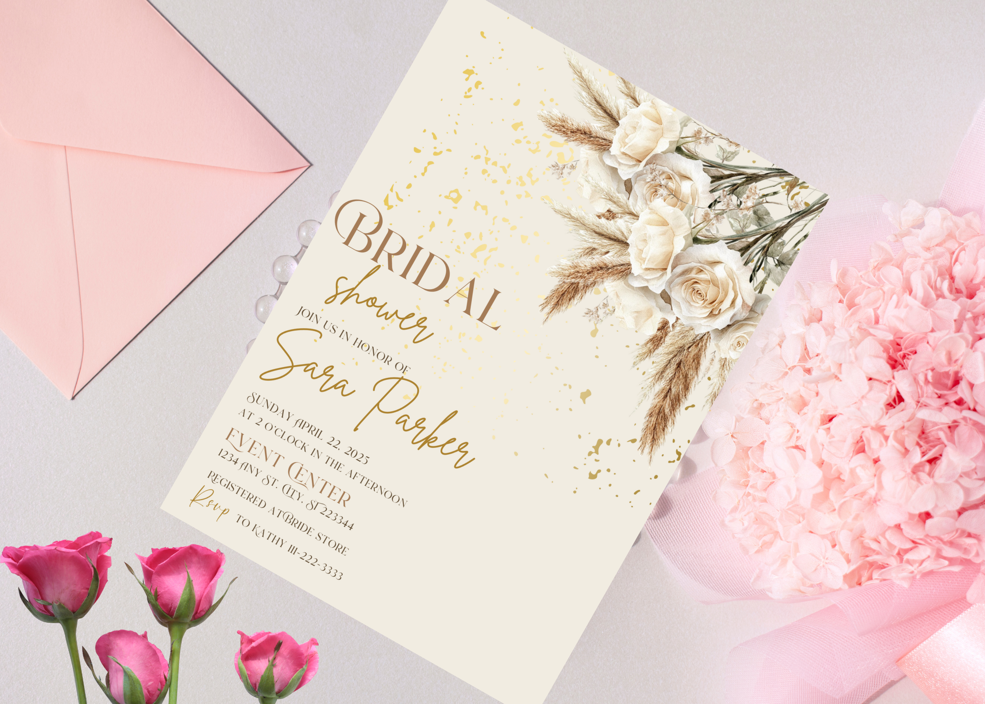 Beige Rose Boho Bridal Shower Invitation Template | Elegant Floral Printable | Editable Canva Invite | Boho Wedding Shower Digital Download