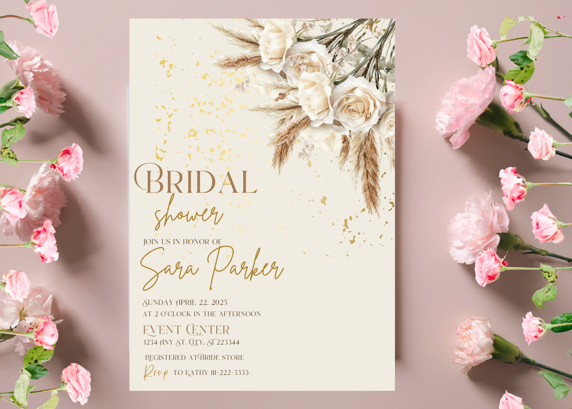 Beige Rose Boho Bridal Shower Invitation Template | Elegant Floral Printable | Editable Canva Invite | Boho Wedding Shower Digital Download