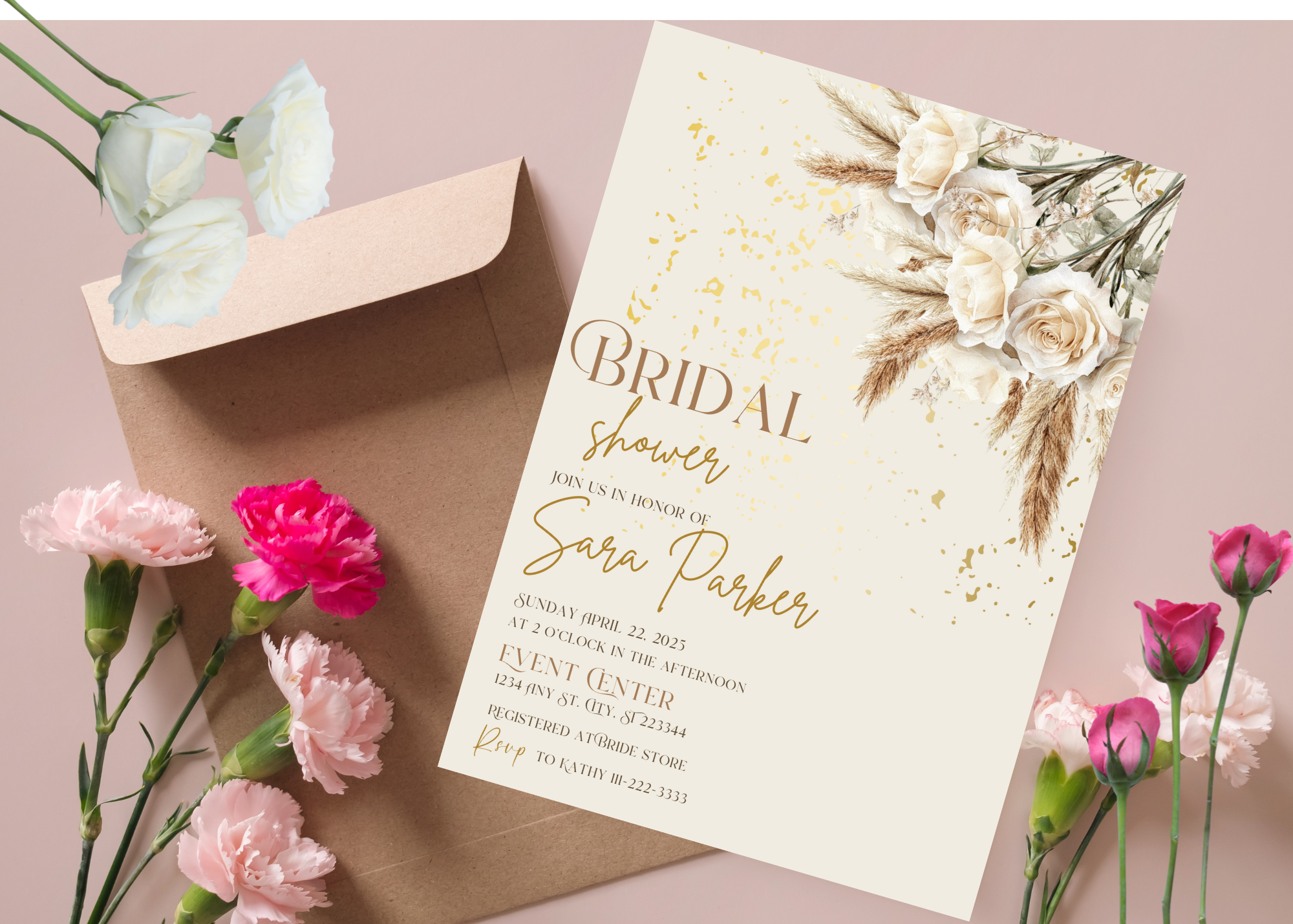 Beige Rose Boho Bridal Shower Invitation Template | Elegant Floral Printable | Editable Canva Invite | Boho Wedding Shower Digital Download