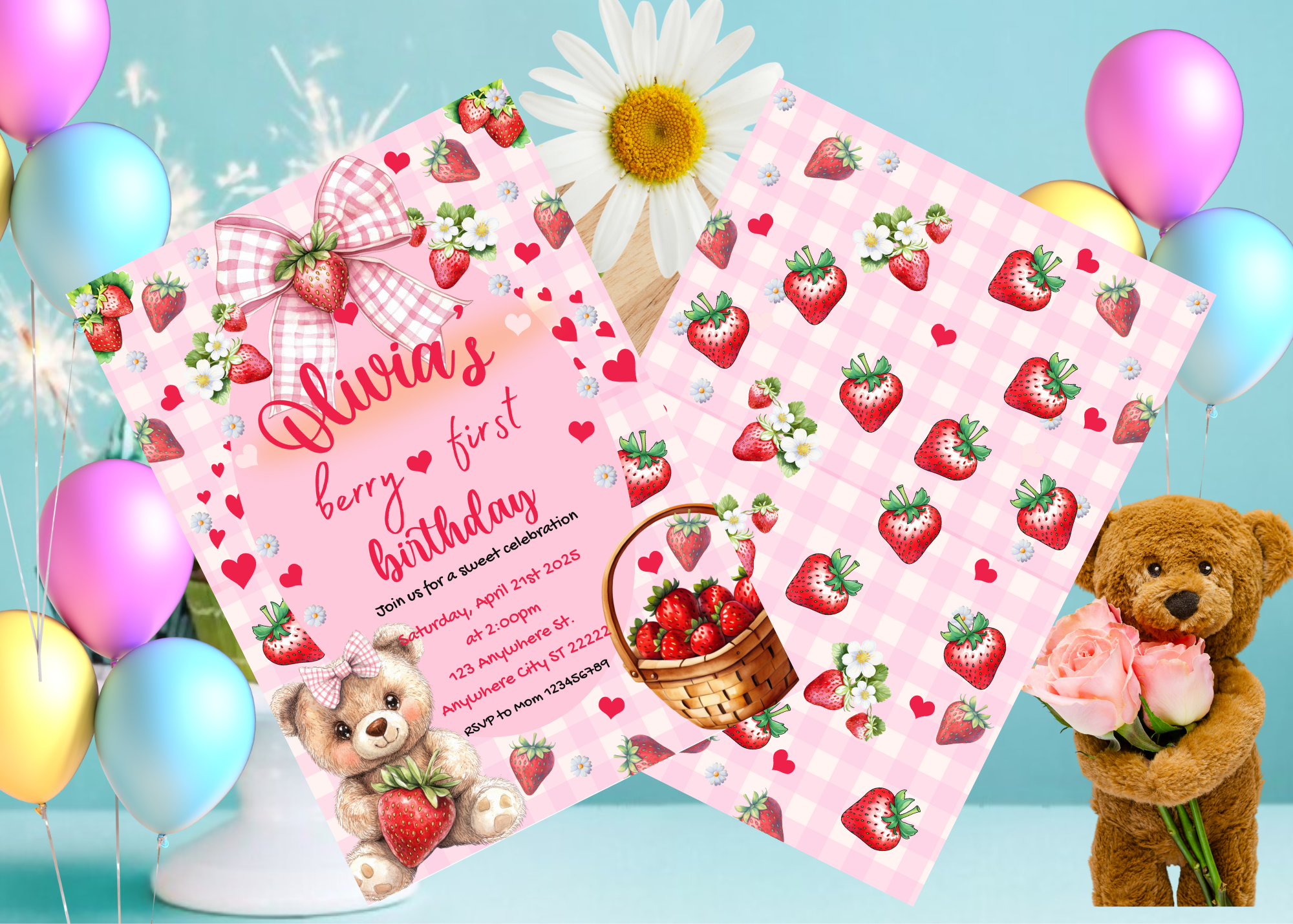 Berry First Birthday Invitation | Strawberry Teddy Bear Digital Invite | Editable Canva Template | Sweet One 1st Birthday Printable