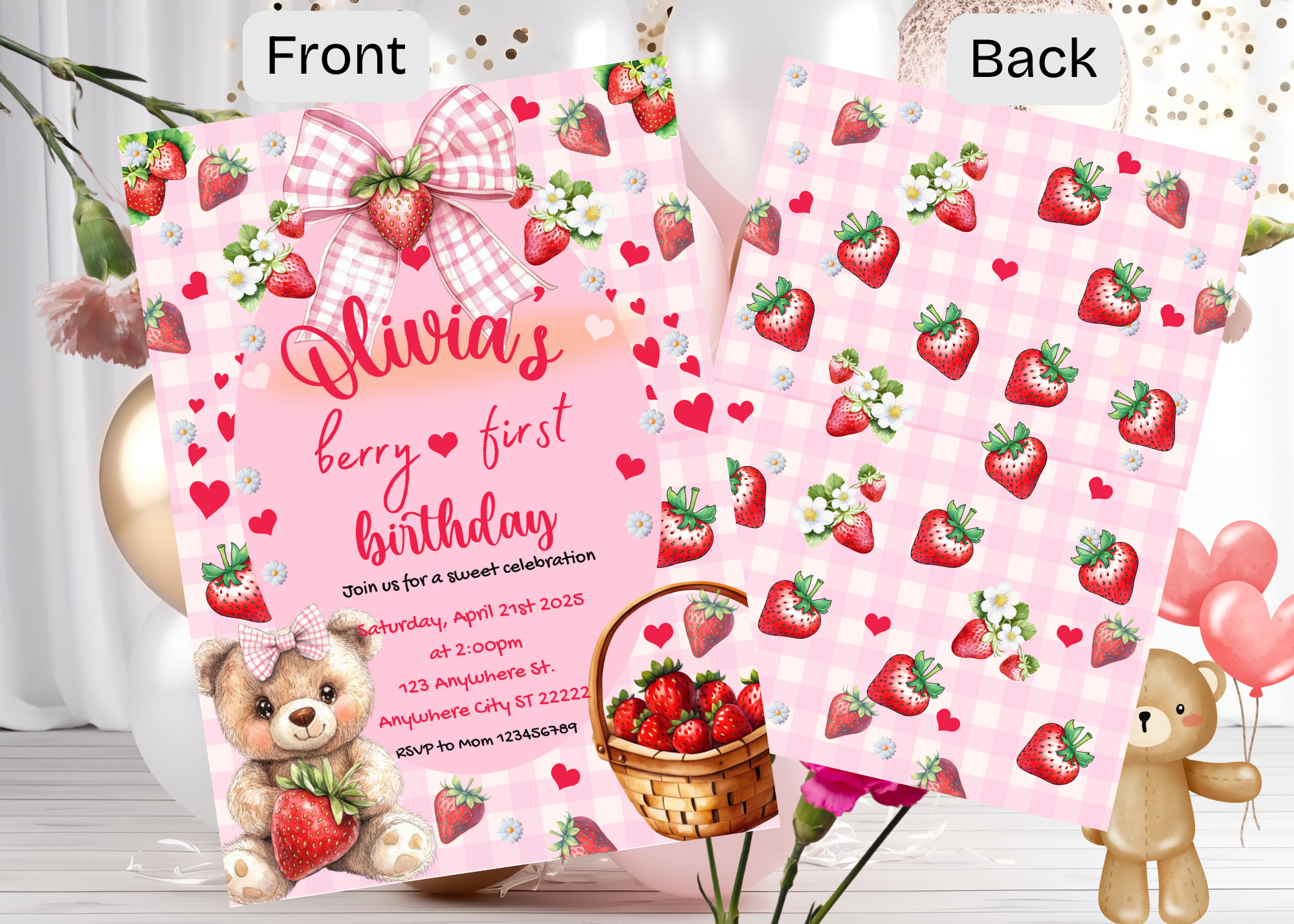 Berry First Birthday Invitation | Strawberry Teddy Bear Digital Invite | Editable Canva Template | Sweet One 1st Birthday Printable