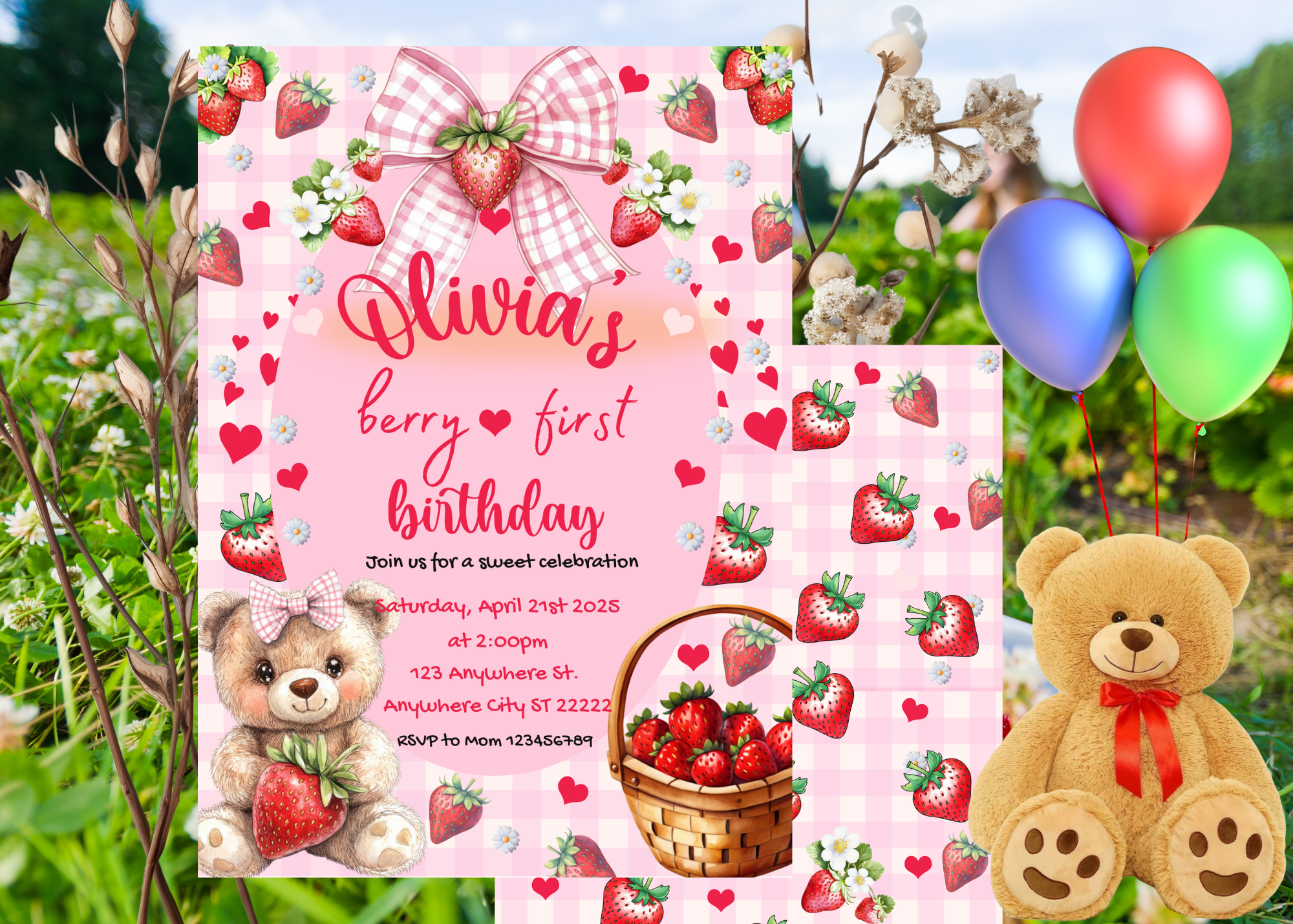 Berry First Birthday Invitation | Strawberry Teddy Bear Digital Invite | Editable Canva Template | Sweet One 1st Birthday Printable