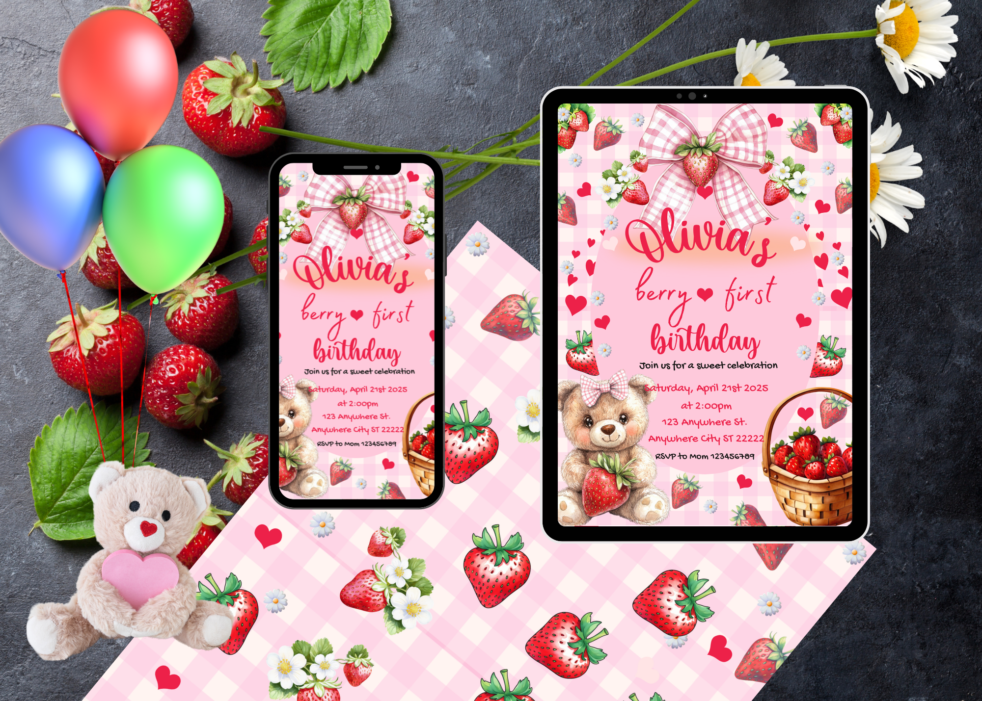 Berry First Birthday Invitation | Strawberry Teddy Bear Digital Invite | Editable Canva Template | Sweet One 1st Birthday Printable