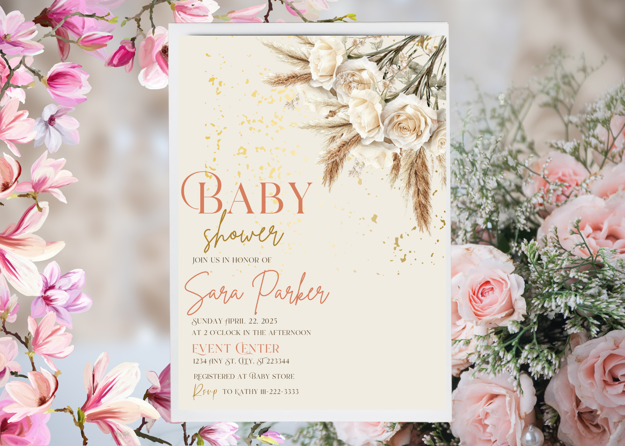 Beige Rose Boho Baby Shower Invitation Template | Elegant Floral Printable | Editable Canva Invite | Boho Baby Shower Digital Download
