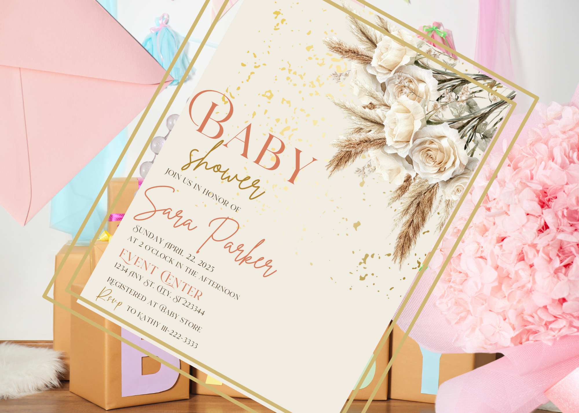 Beige Rose Boho Baby Shower Invitation Template | Elegant Floral Printable | Editable Canva Invite | Boho Baby Shower Digital Download