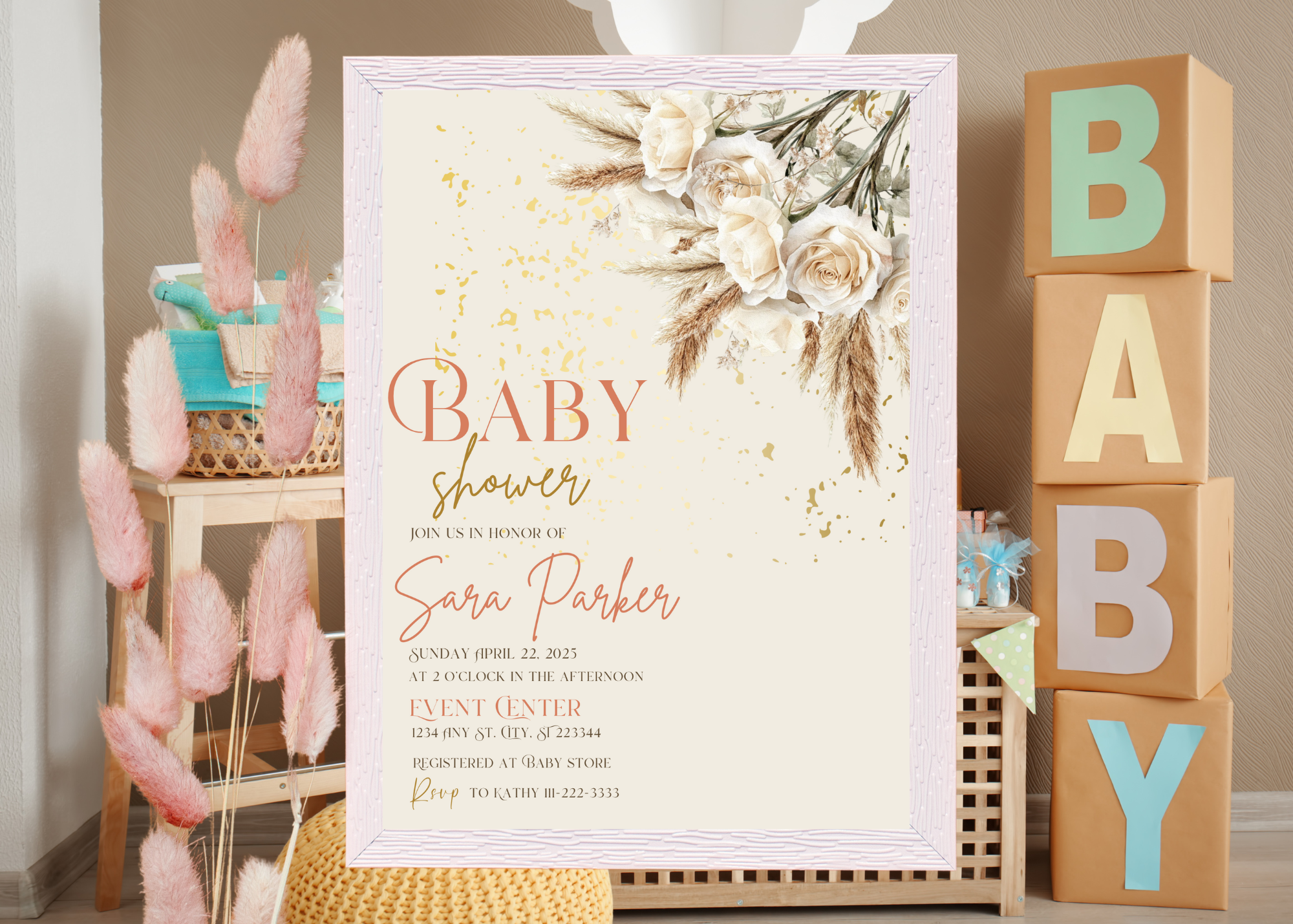 Beige Rose Boho Baby Shower Invitation Template | Elegant Floral Printable | Editable Canva Invite | Boho Baby Shower Digital Download