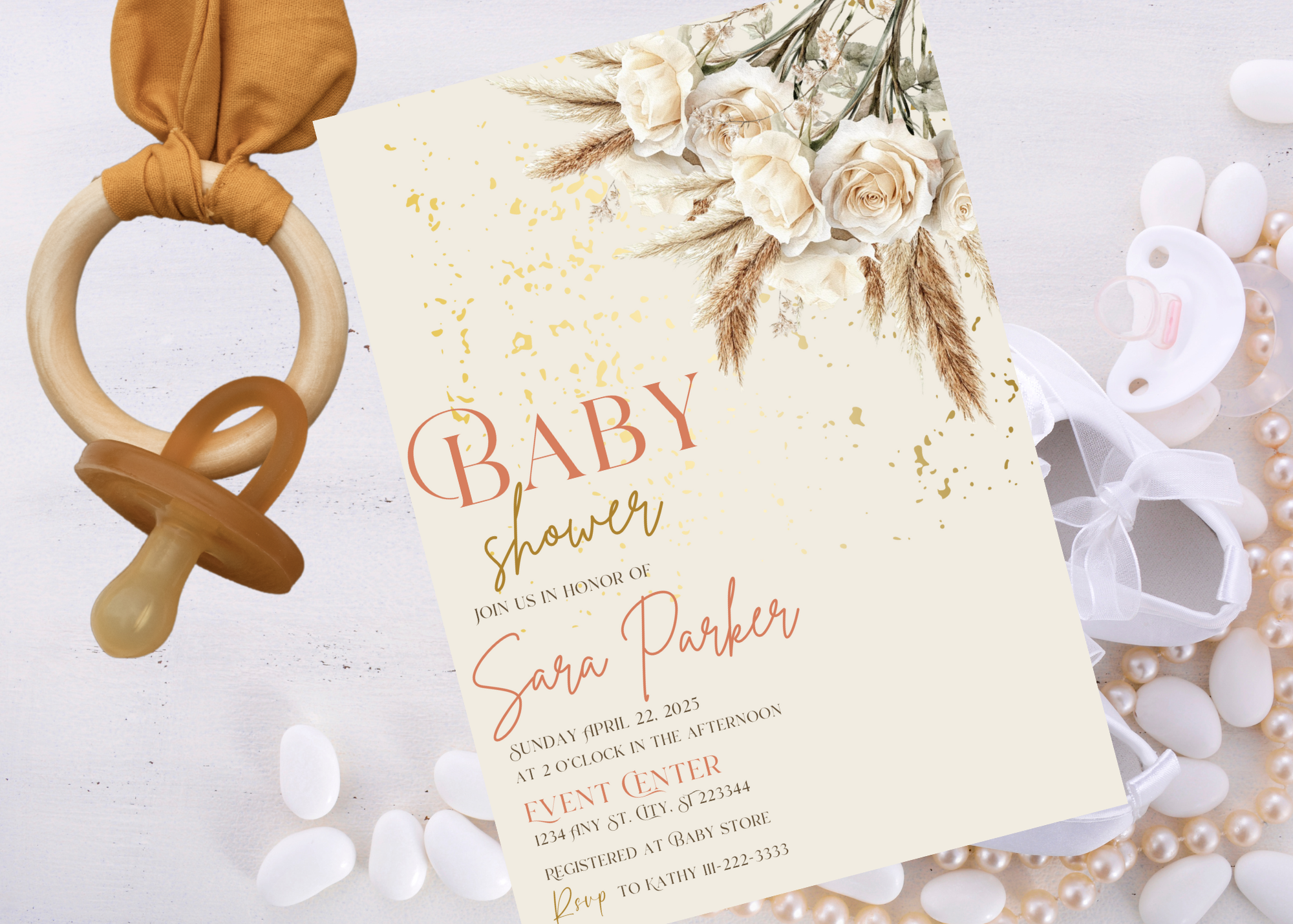 Beige Rose Boho Baby Shower Invitation Template | Elegant Floral Printable | Editable Canva Invite | Boho Baby Shower Digital Download