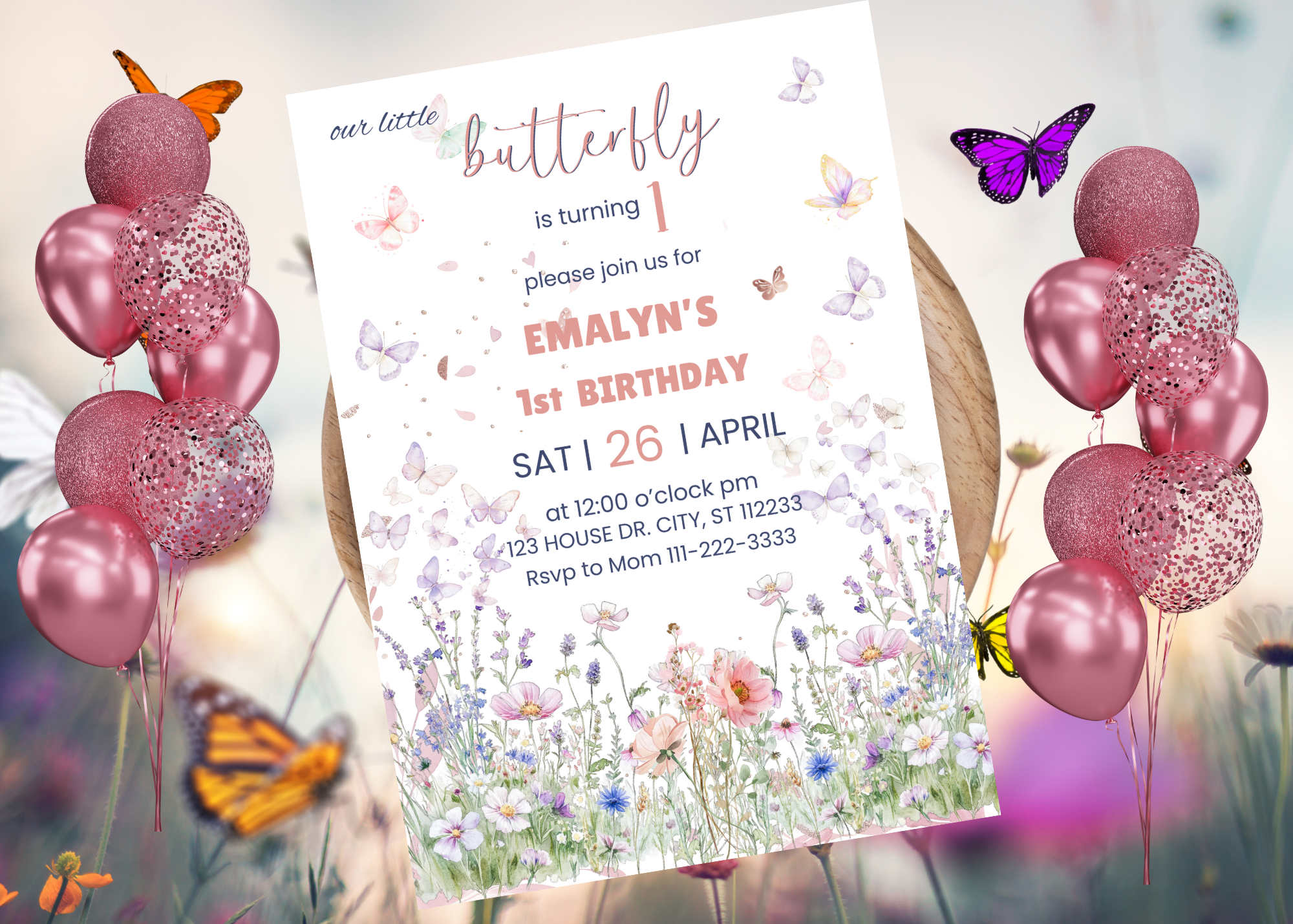 Butterfly Birthday Invitation | Pastel Wildflower Party Invite | Digital Canva Template | Editable Girl’s Birthday Invitation | Instant Download