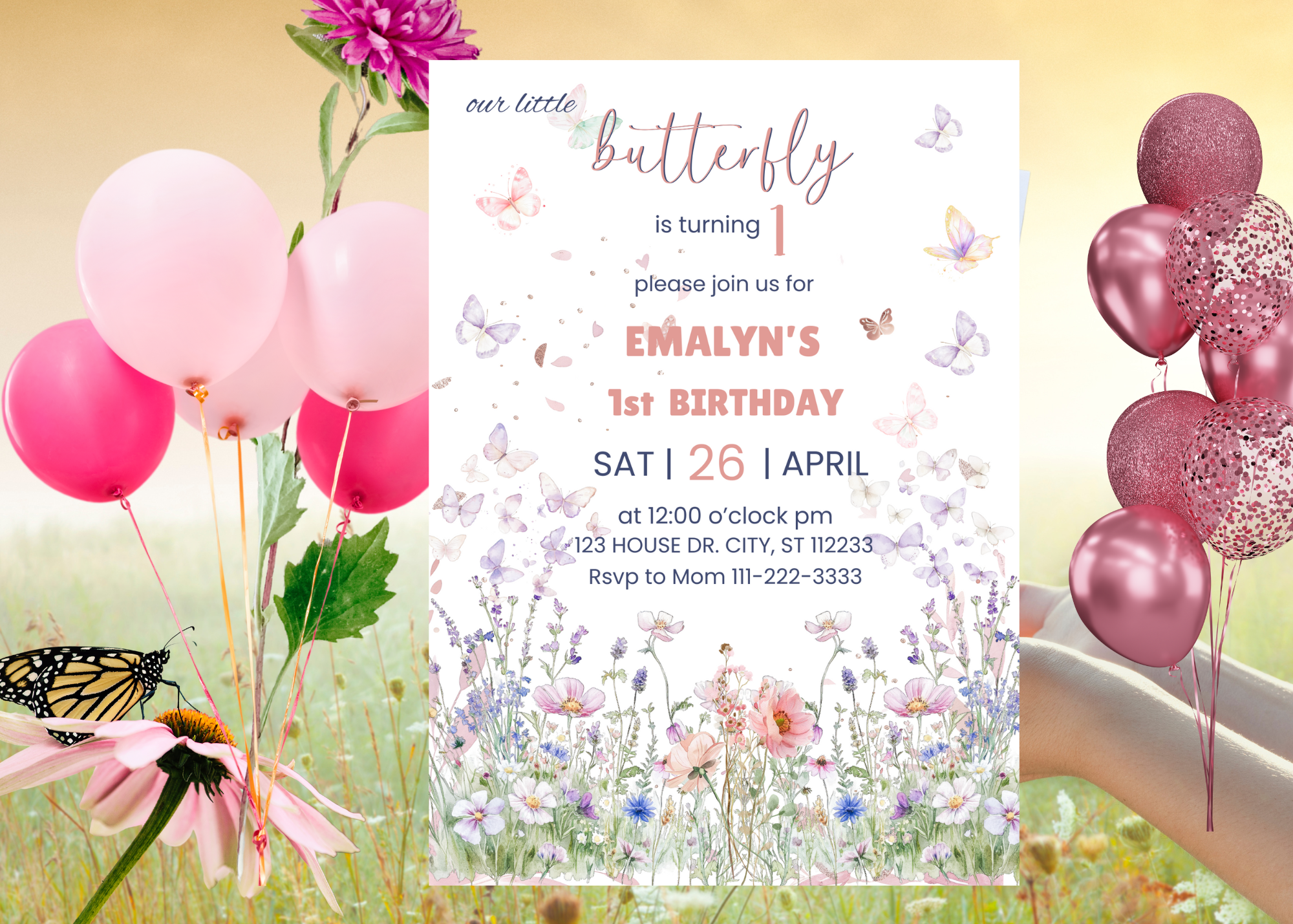 Butterfly Birthday Invitation | Pastel Wildflower Party Invite | Digital Canva Template | Editable Girl’s Birthday Invitation | Instant Download