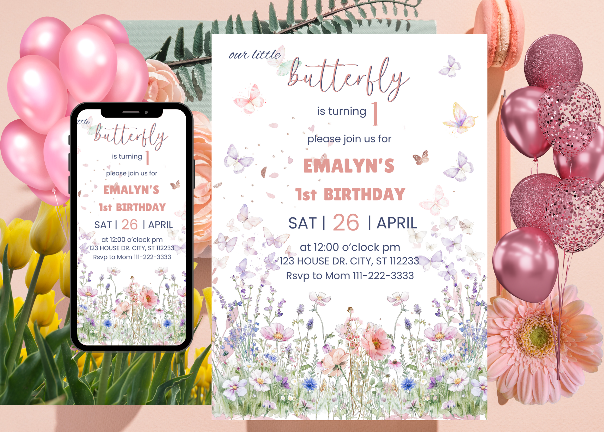 Butterfly Birthday Invitation | Pastel Wildflower Party Invite | Digital Canva Template | Editable Girl’s Birthday Invitation | Instant Download
