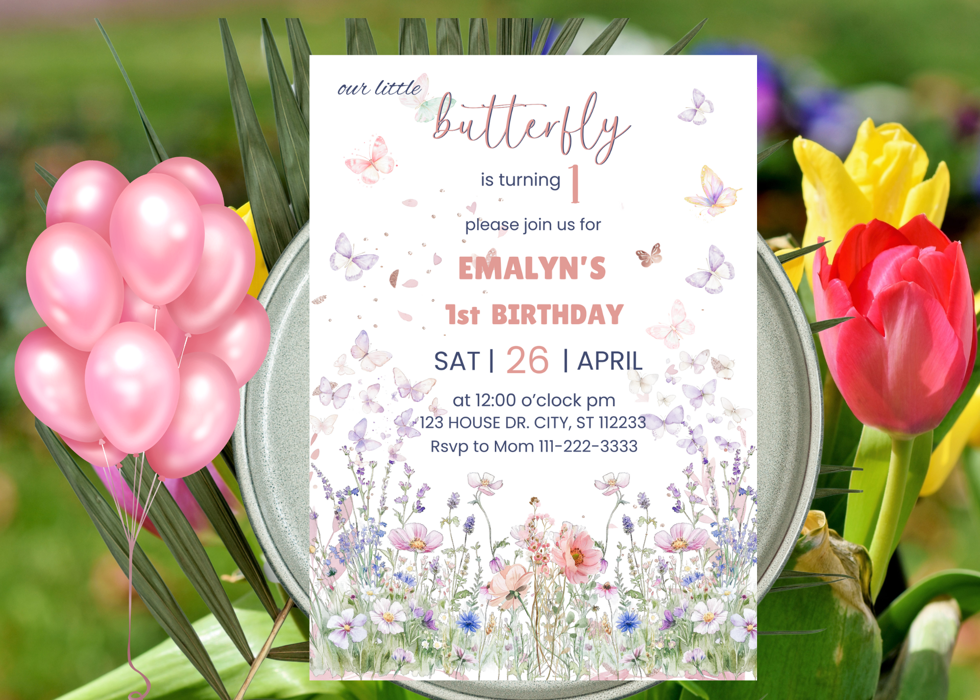 Butterfly Birthday Invitation | Pastel Wildflower Party Invite | Digital Canva Template | Editable Girl’s Birthday Invitation | Instant Download