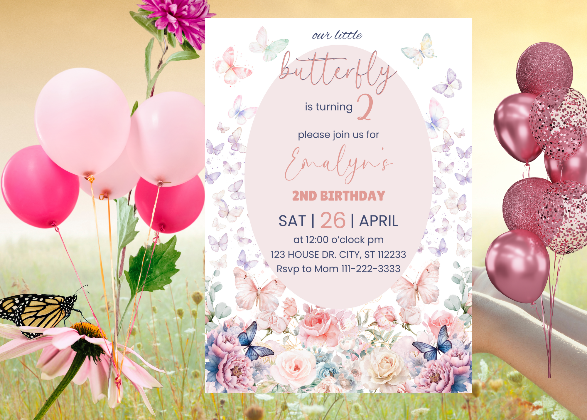 Rose Butterfly Birthday Invitation | Pastel Rose Party Invite | Digital Canva Template | Editable Girl’s Birthday Invitation | Instant Download
