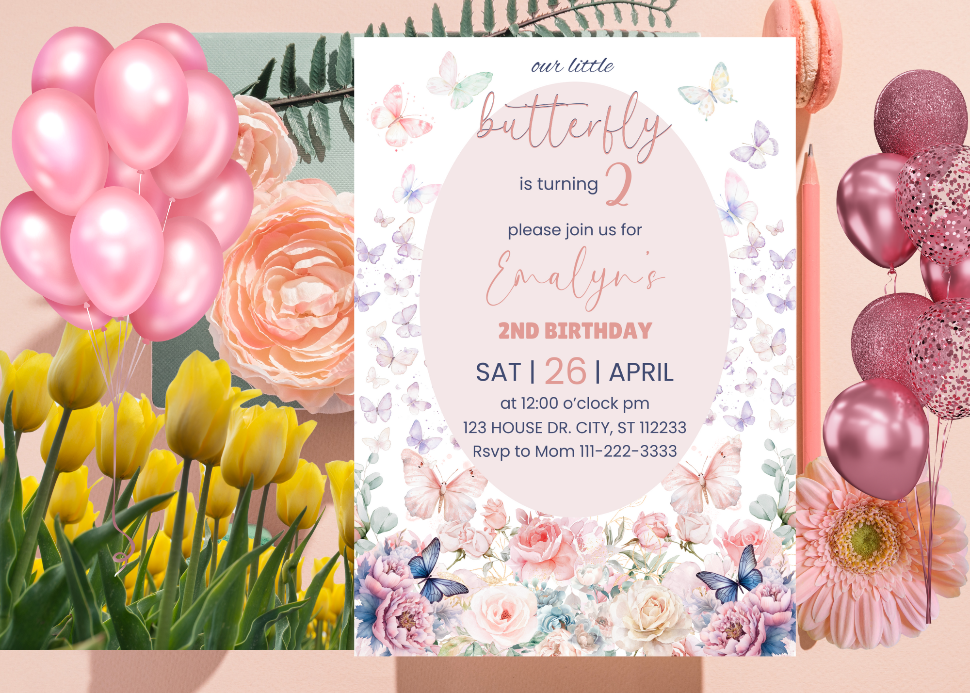 Rose Butterfly Birthday Invitation | Pastel Rose Party Invite | Digital Canva Template | Editable Girl’s Birthday Invitation | Instant Download