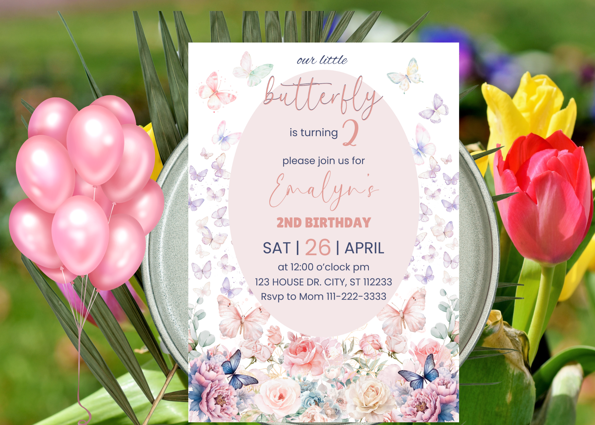 Rose Butterfly Birthday Invitation | Pastel Rose Party Invite | Digital Canva Template | Editable Girl’s Birthday Invitation | Instant Download