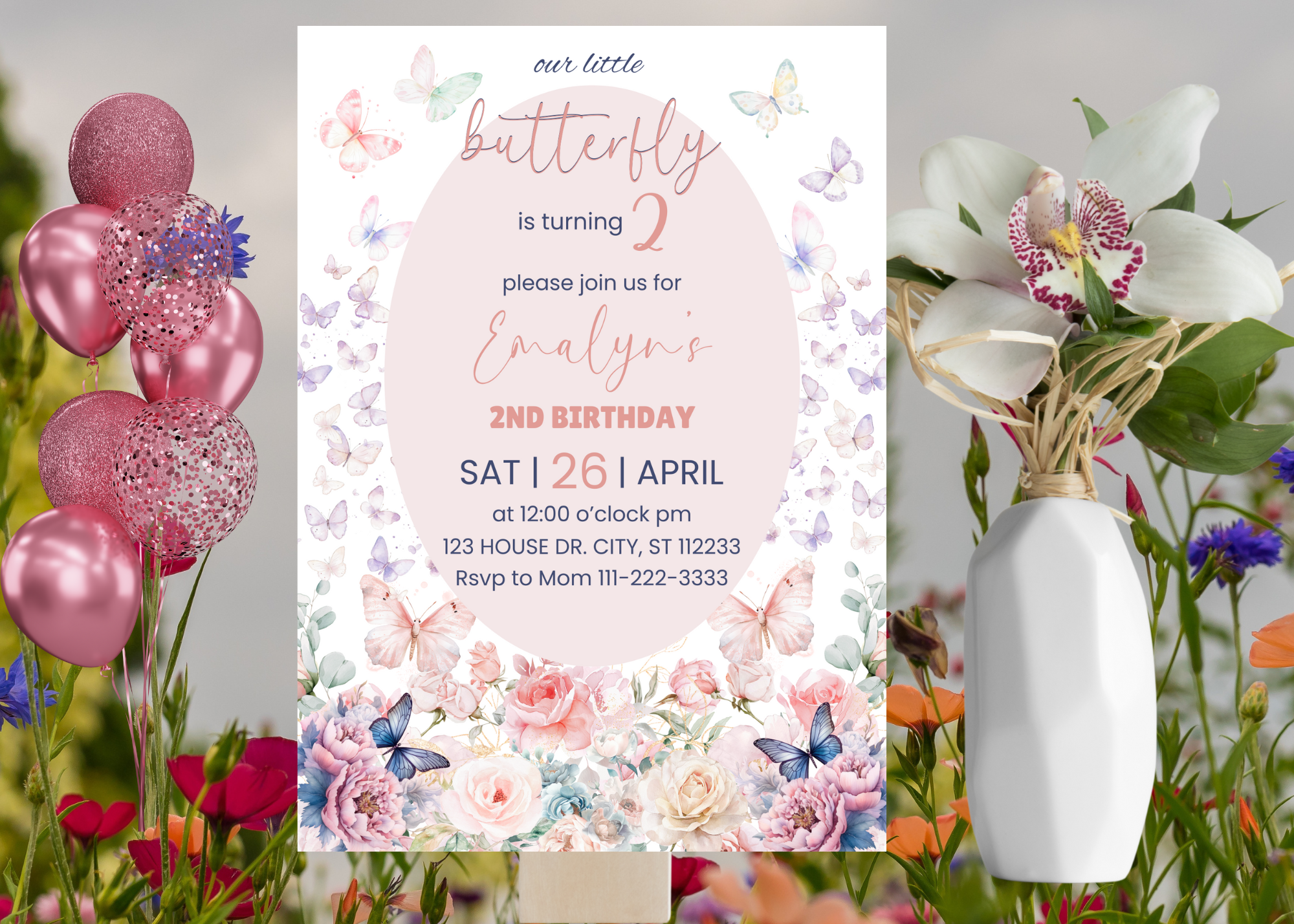 Rose Butterfly Birthday Invitation | Pastel Rose Party Invite | Digital Canva Template | Editable Girl’s Birthday Invitation | Instant Download