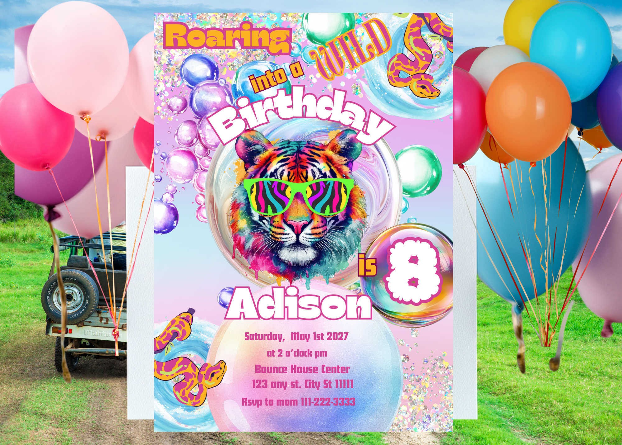 Roaring Into the Wild Birthday Invitation | Jungle Safari Party | Colorful Tiger with Sunglasses & Snakes | Digital Download Canva Template