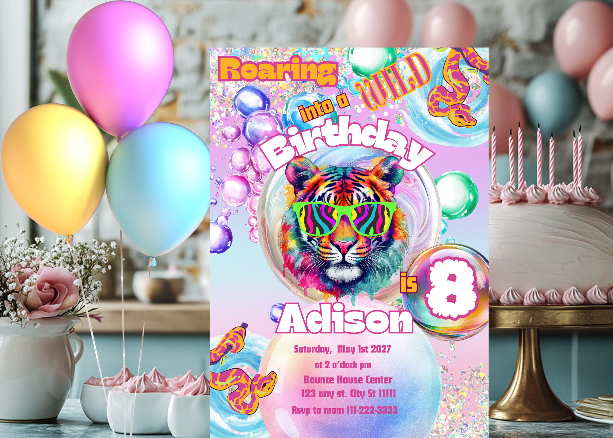 Roaring Into the Wild Birthday Invitation | Jungle Safari Party | Colorful Tiger with Sunglasses & Snakes | Digital Download Canva Template