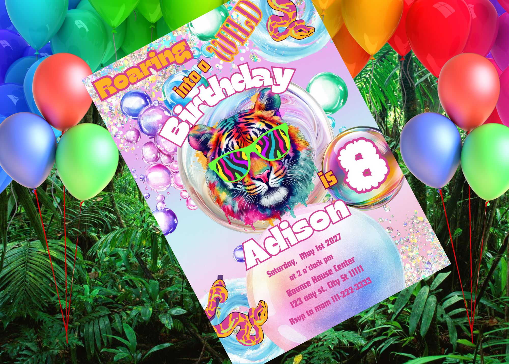 Roaring Into the Wild Birthday Invitation | Jungle Safari Party | Colorful Tiger with Sunglasses & Snakes | Digital Download Canva Template