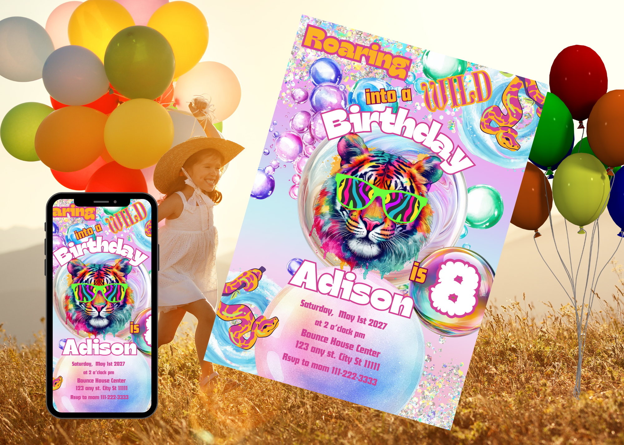 Roaring Into the Wild Birthday Invitation | Jungle Safari Party | Colorful Tiger with Sunglasses & Snakes | Digital Download Canva Template
