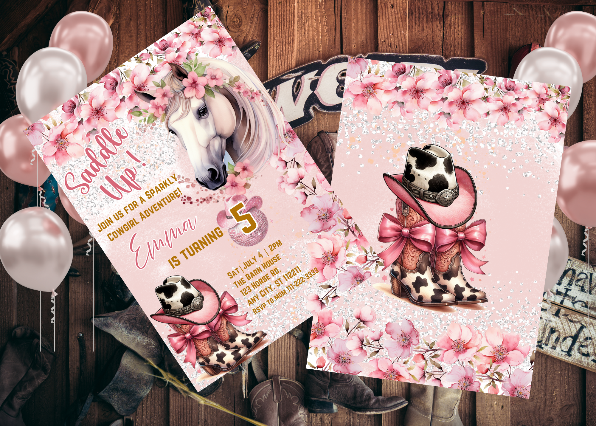 Editable Sparkly Horse Pink Cowgirl Birthday Invitation | Girl Horse Birthday Invitation | Cowgirl Party Horse Invite | Pink Floral Birthday Invitation | Digital Download | Editable Template | 