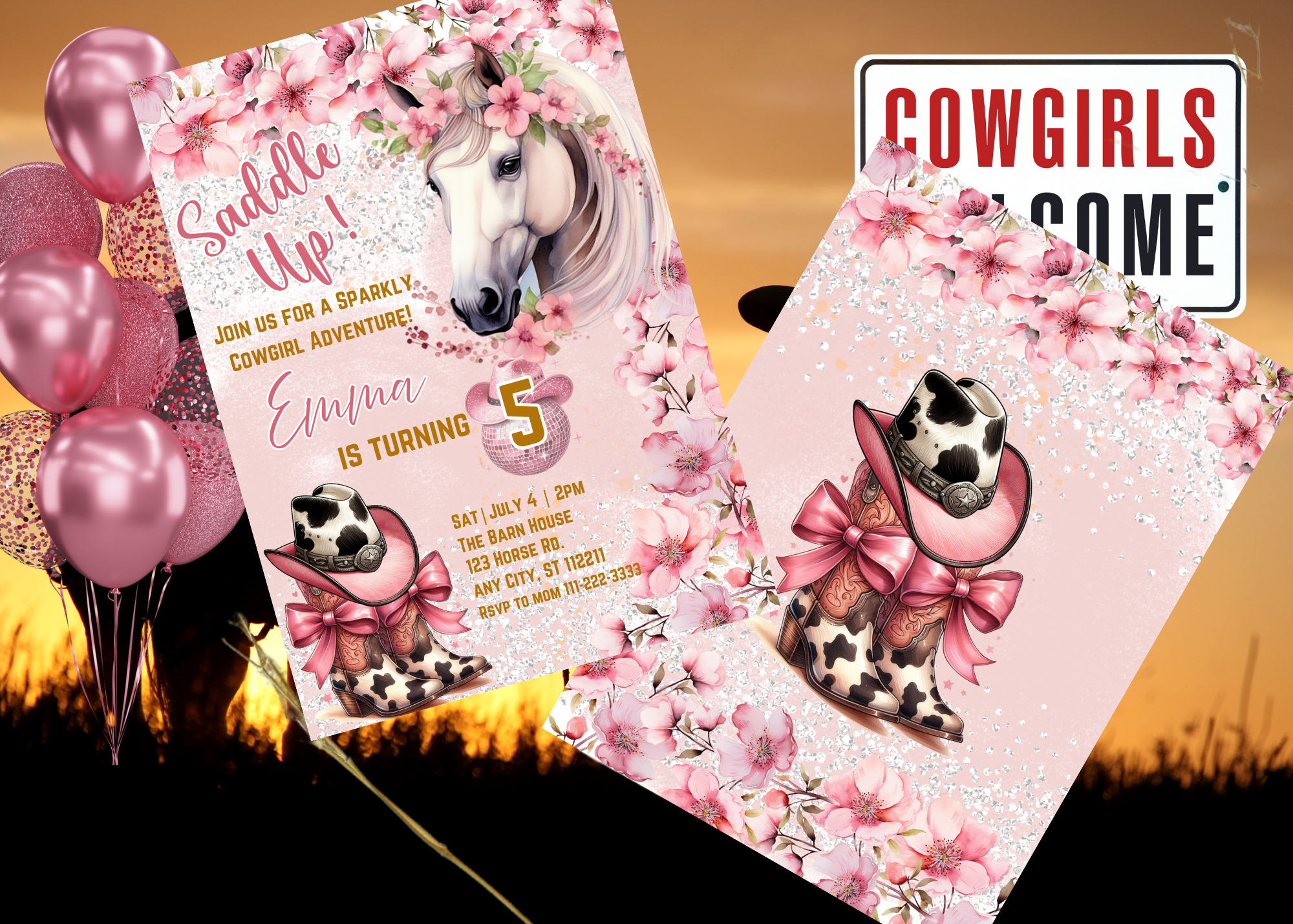 Editable Sparkly Horse Pink Cowgirl Birthday Invitation | Girl Horse Birthday Invitation | Cowgirl Party Horse Invite | Pink Floral Birthday Invitation | Digital Download | Editable Template | 