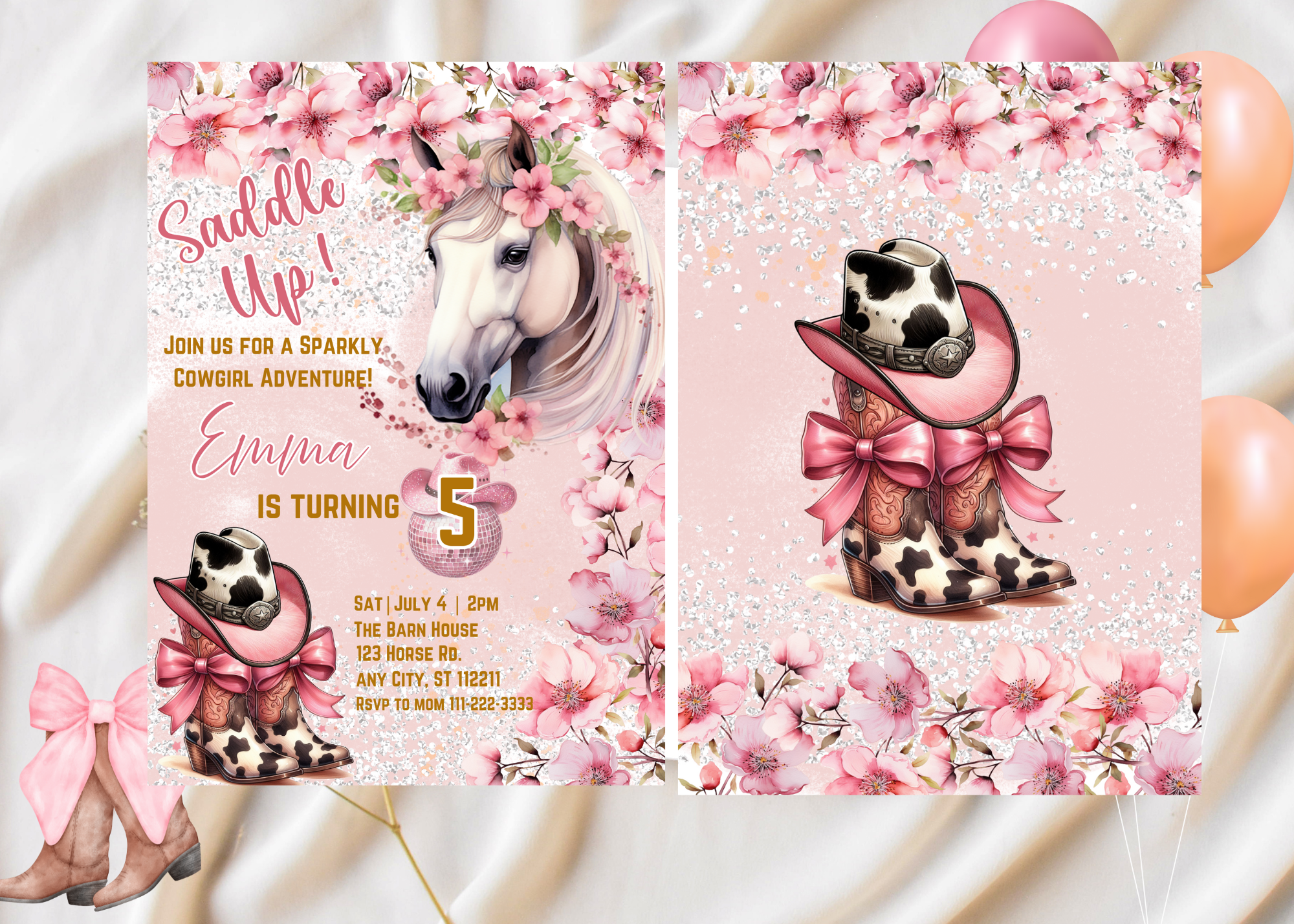 Editable Sparkly Horse Pink Cowgirl Birthday Invitation | Girl Horse Birthday Invitation | Cowgirl Party Horse Invite | Pink Floral Birthday Invitation | Digital Download | Editable Template | 