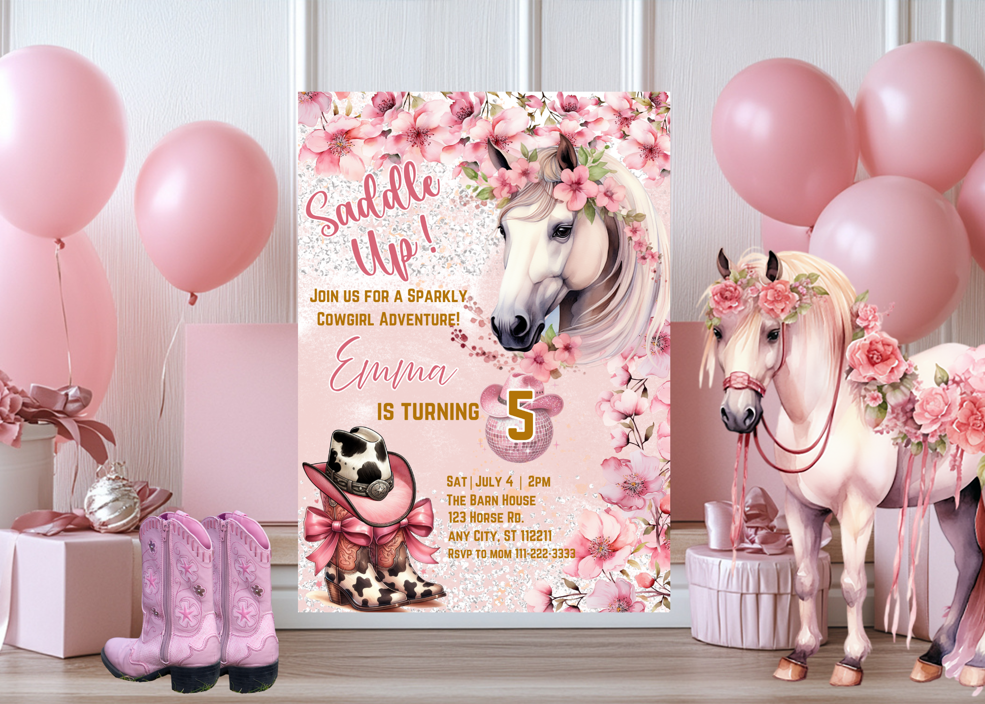 Editable Sparkly Horse Pink Cowgirl Birthday Invitation | Girl Horse Birthday Invitation | Cowgirl Party Horse Invite | Pink Floral Birthday Invitation | Digital Download | Editable Template |