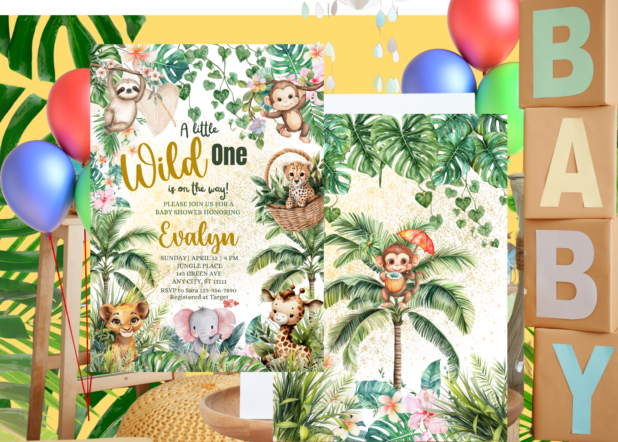 Wild One on the Way Baby Shower Invitation | Safari Jungle Baby Shower Invitation Template | Cute Baby Animals & Wild Adventure | Digital download |