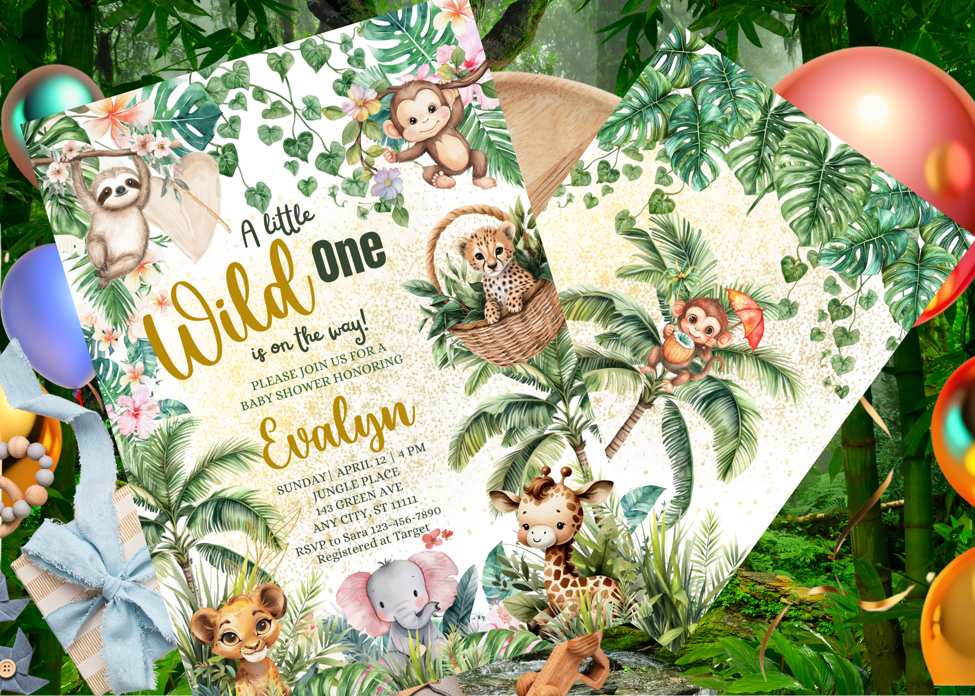 Wild One on the Way Baby Shower Invitation | Safari Jungle Baby Shower Invitation Template | Cute Baby Animals & Wild Adventure | Digital download |