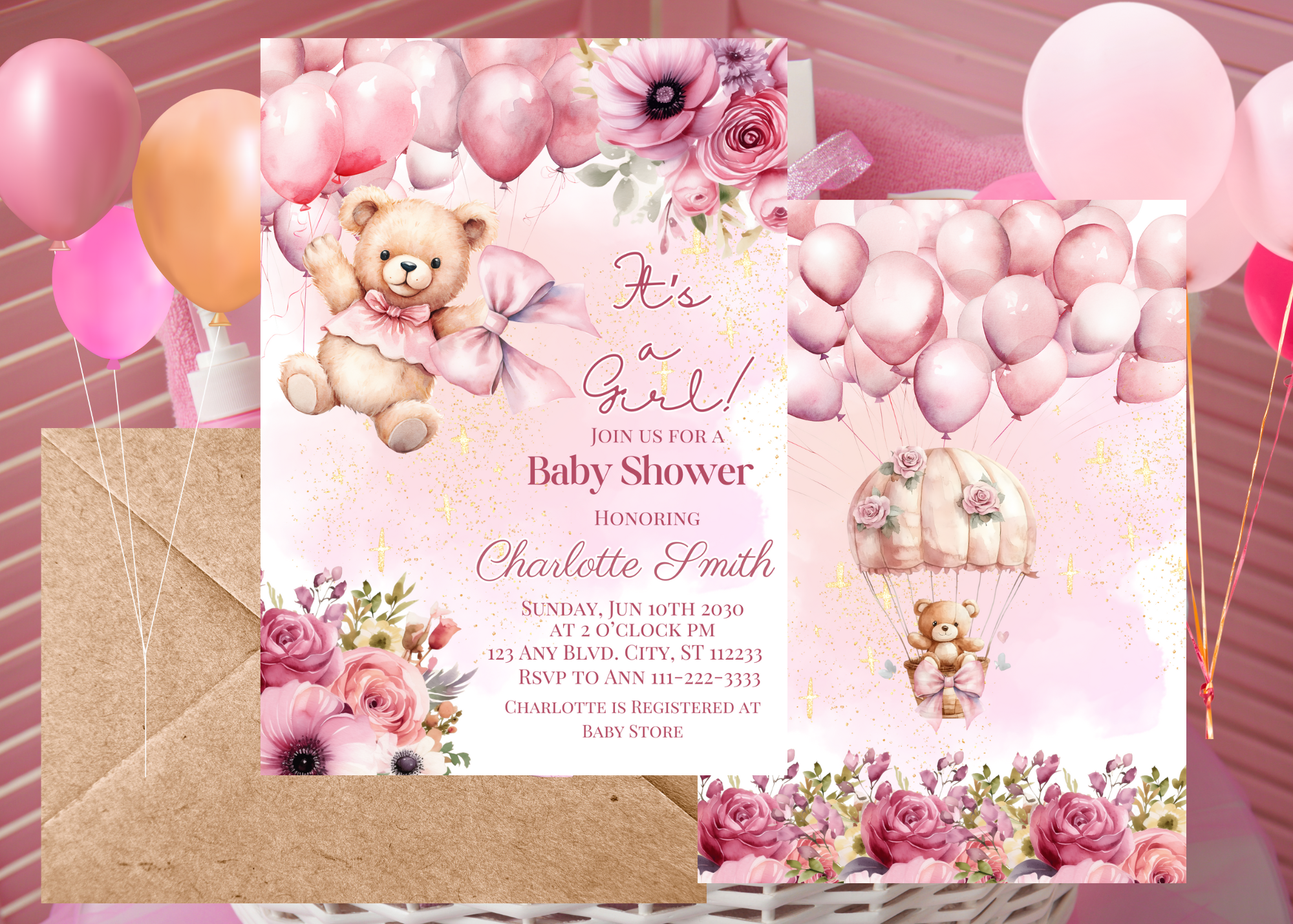 Cute Pink Teddy Bear Baby Shower Invitation – Balloon & Roses Theme | Digital Invitation
