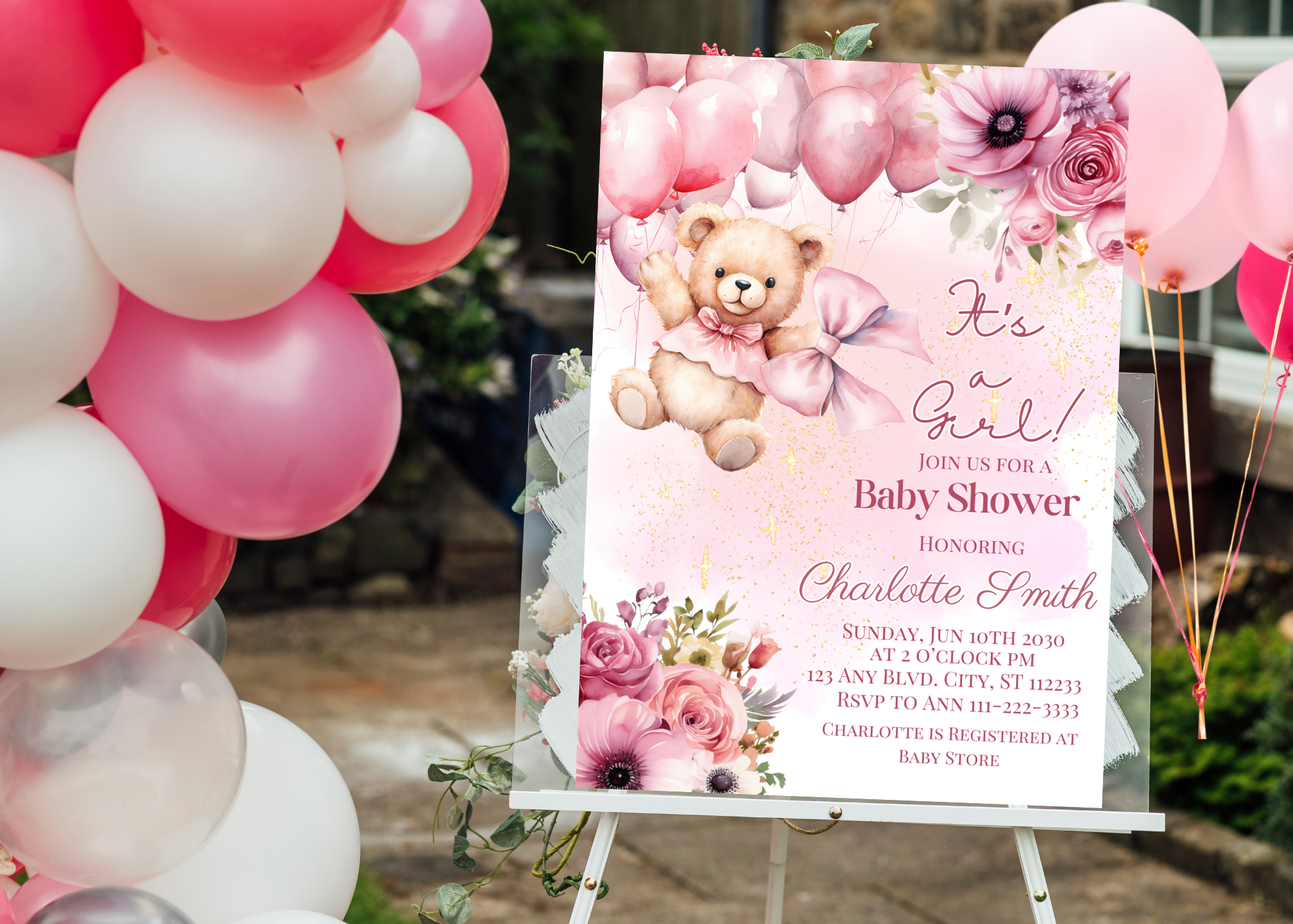 Cute Pink Teddy Bear Baby Shower Invitation – Balloon & Roses Theme | Digital Invitation
