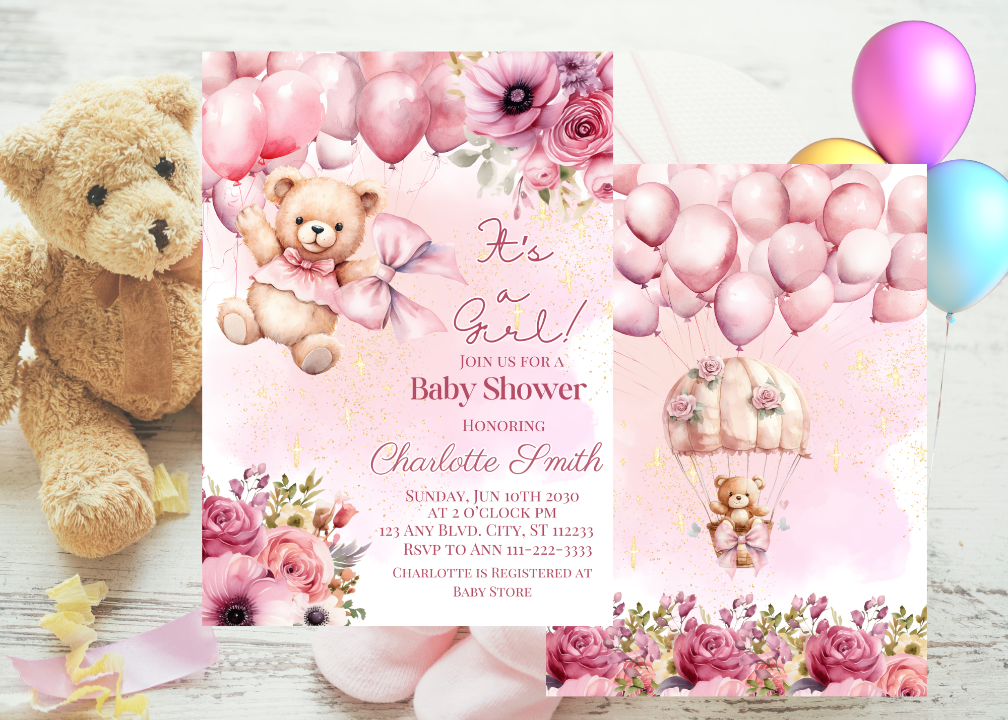 Cute Pink Teddy Bear Baby Shower Invitation – Balloon & Roses Theme | Digital Invitation