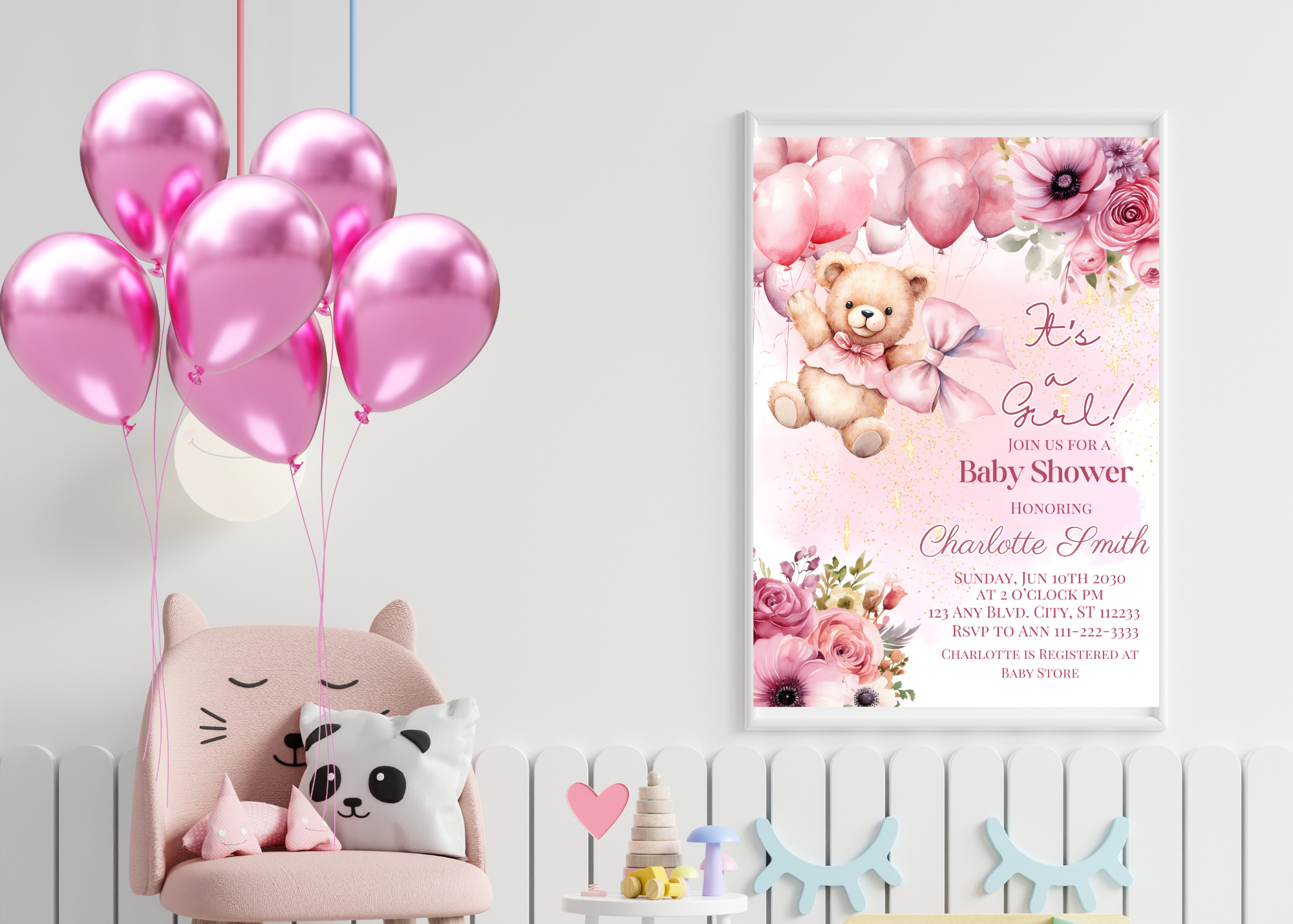 Cute Pink Teddy Bear Baby Shower Invitation – Balloon & Roses Theme | Digital Invitation