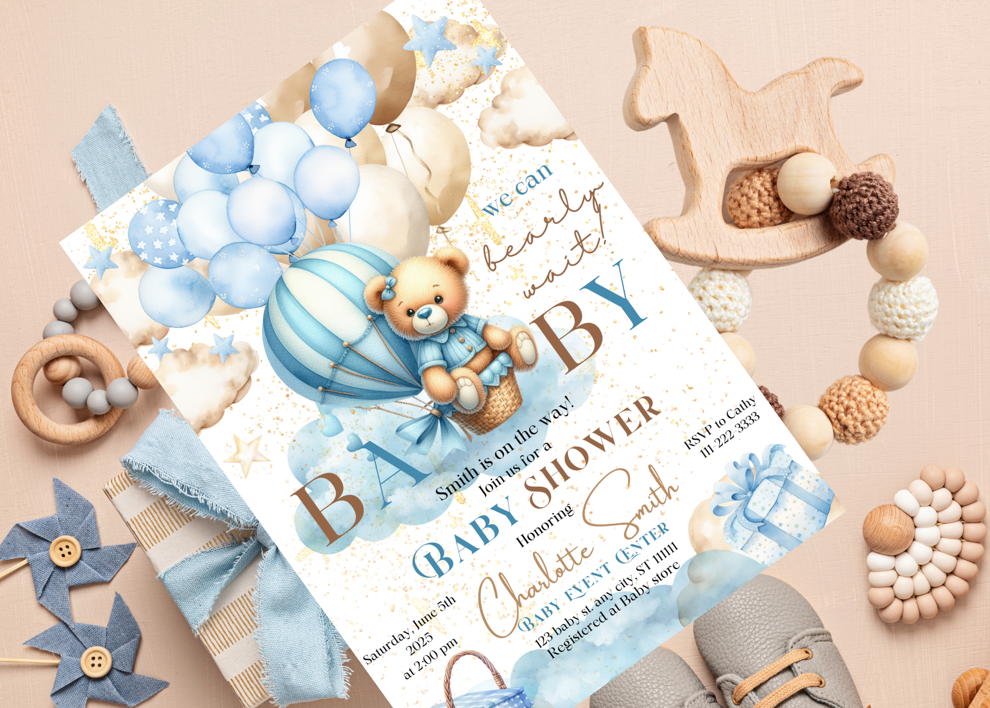 Blue Bear Hot Air Balloon Baby Shower Invitation, Cute Cloud Theme, Editable Canva Template, Digital Download