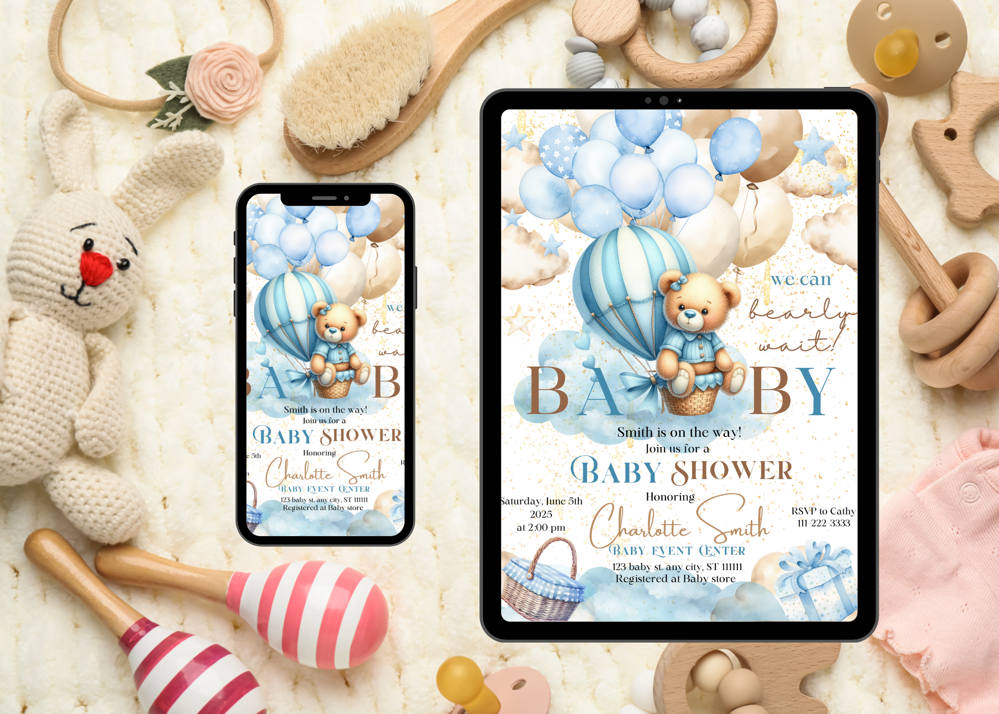 Blue Bear Hot Air Balloon Baby Shower Invitation, Cute Cloud Theme, Editable Canva Template, Digital Download