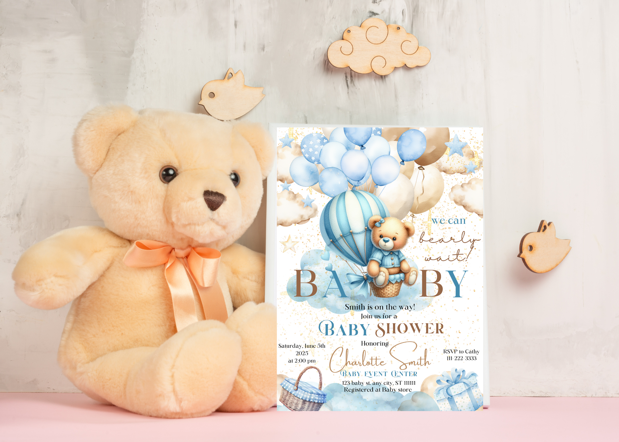 Blue Bear Hot Air Balloon Baby Shower Invitation, Cute Cloud Theme, Editable Canva Template, Digital Download