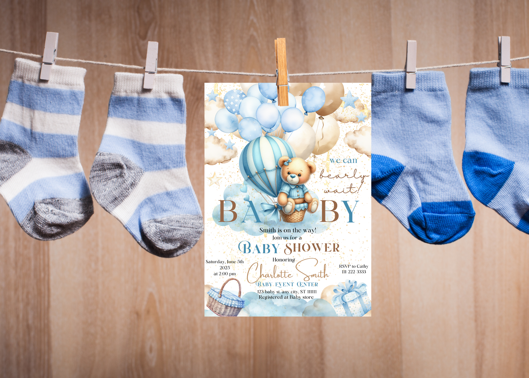 Blue Bear Hot Air Balloon Baby Shower Invitation, Cute Cloud Theme, Editable Canva Template, Digital Download