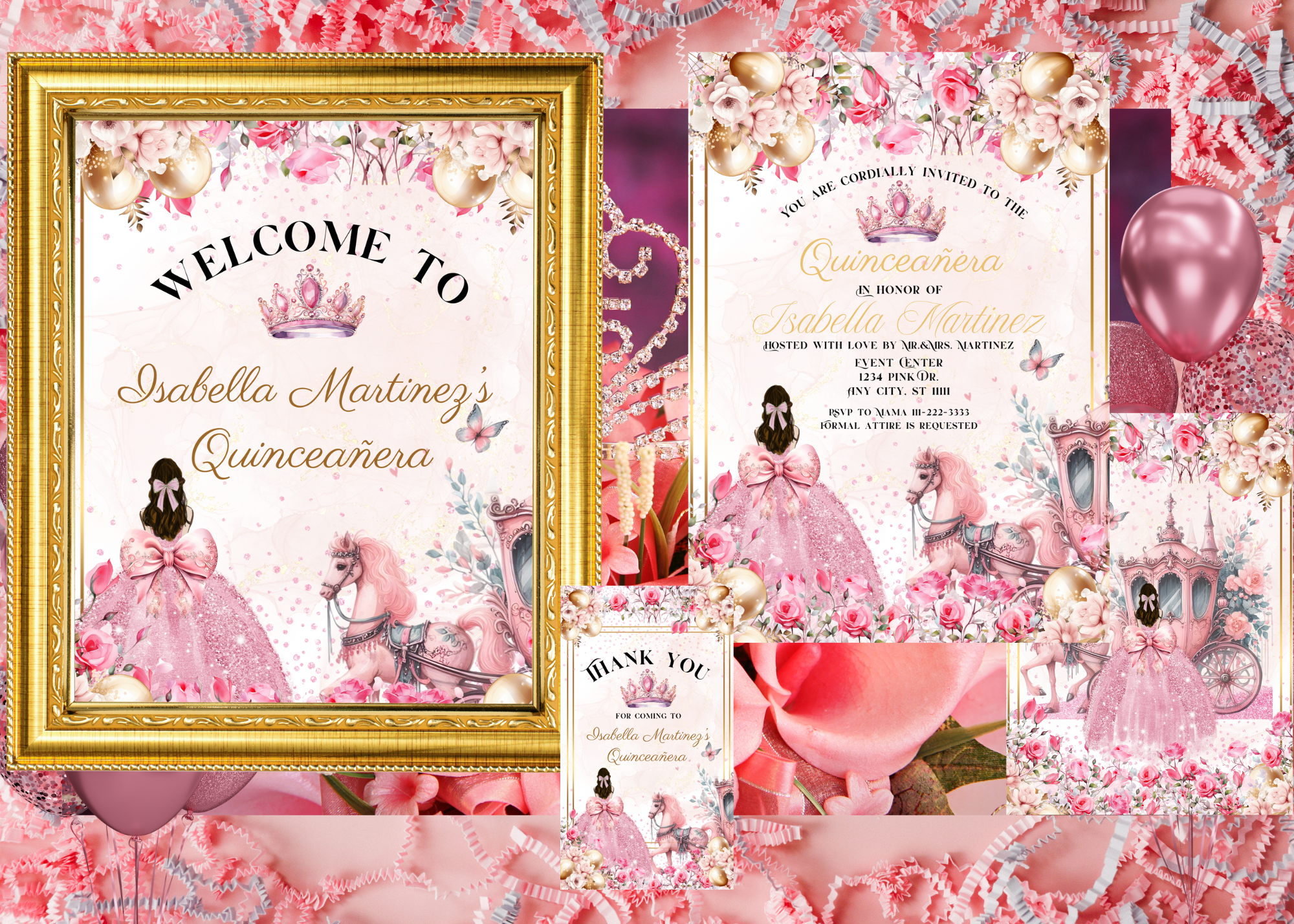Quinceañera Digital Invitation Bundle | Pink Princess Theme with Horse & Carriage | Floral XV Birthday Invite + 18x24 Poster + 2x3.5 Thank You Card | Editable Canva Template | Instant Download