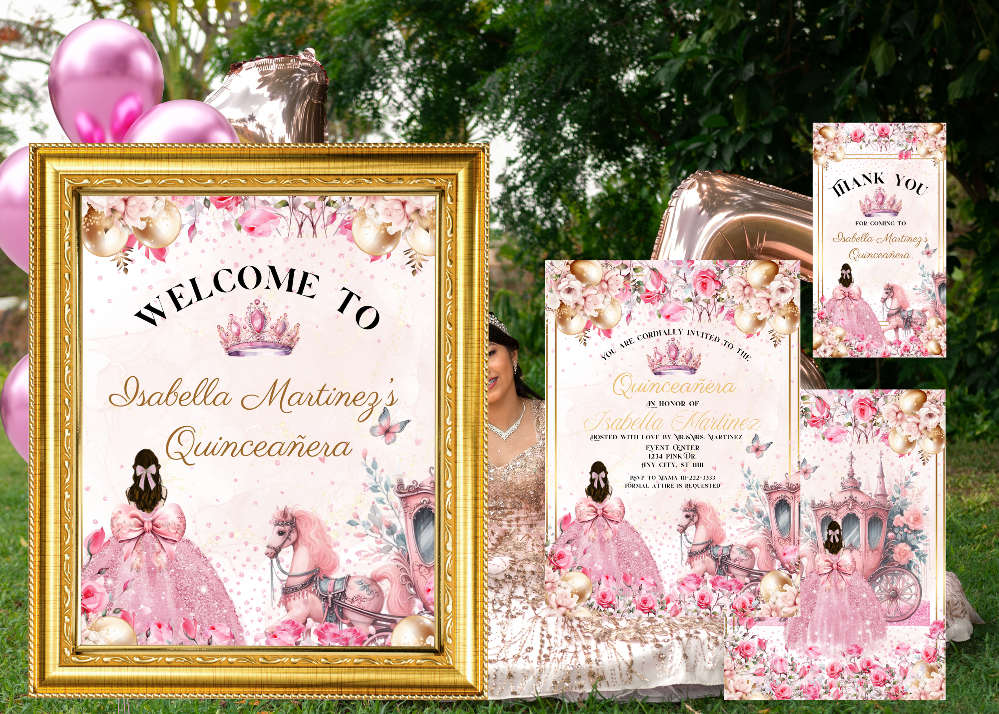 Quinceañera Digital Invitation Bundle | Pink Princess Theme with Horse & Carriage | Floral XV Birthday Invite + 18x24 Poster + 2x3.5 Thank You Card | Editable Canva Template | Instant Download