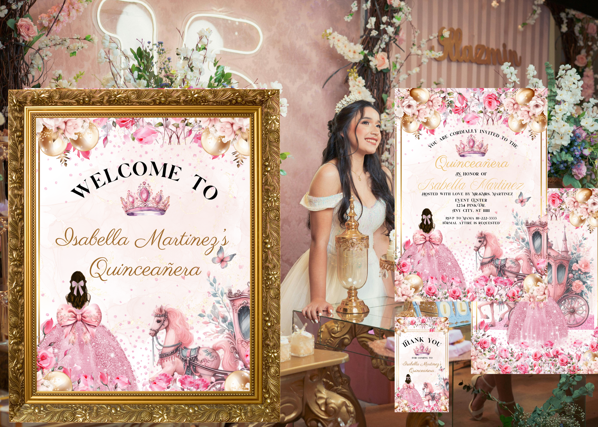 Quinceañera Digital Invitation Bundle | Pink Princess Theme with Horse & Carriage | Floral XV Birthday Invite + 18x24 Poster + 2x3.5 Thank You Card | Editable Canva Template | Instant Download