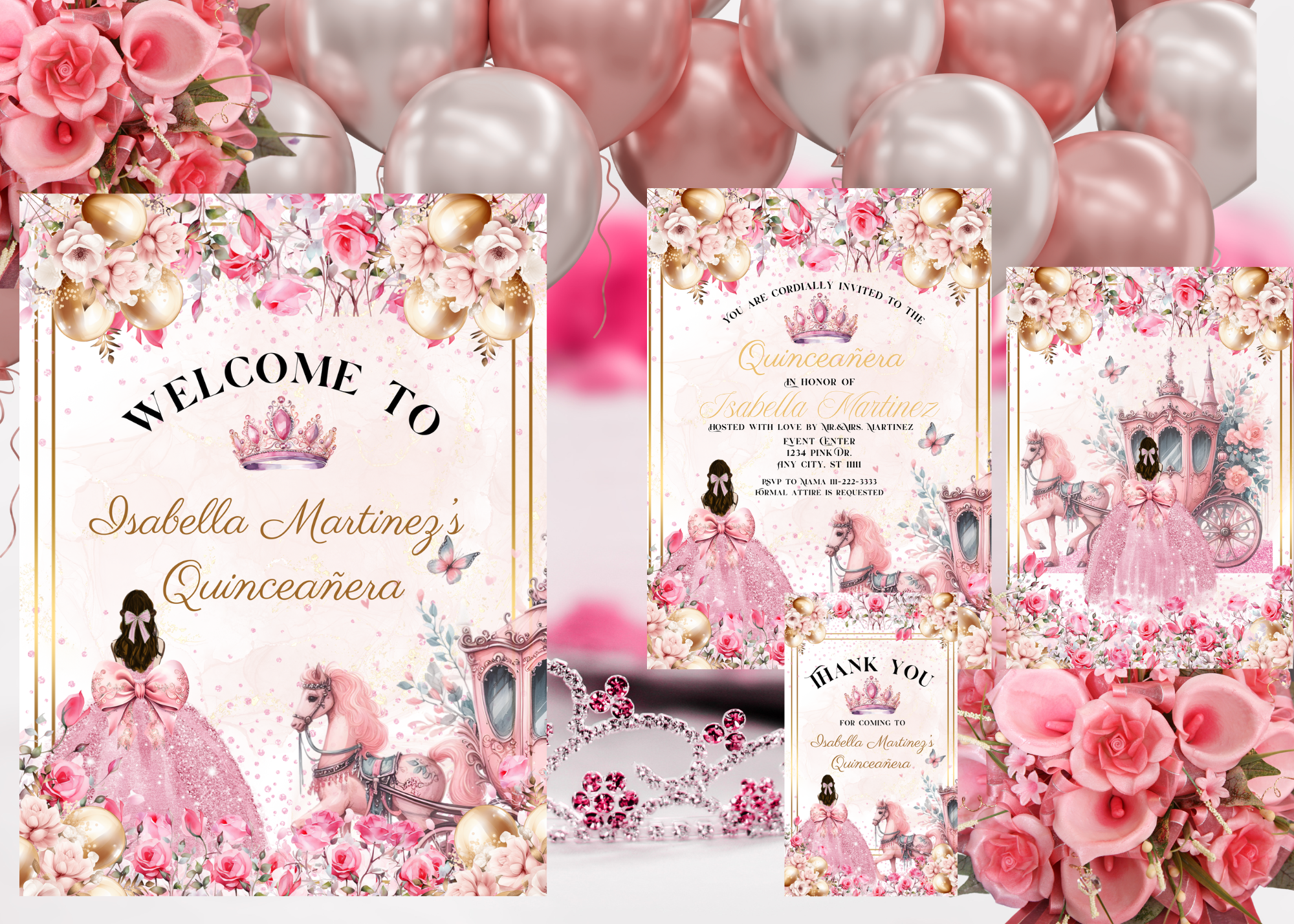 Quinceañera Digital Invitation Bundle | Pink Princess Theme with Horse & Carriage | Floral XV Birthday Invite + 18x24 Poster + 2x3.5 Thank You Card | Editable Canva Template | Instant Download
