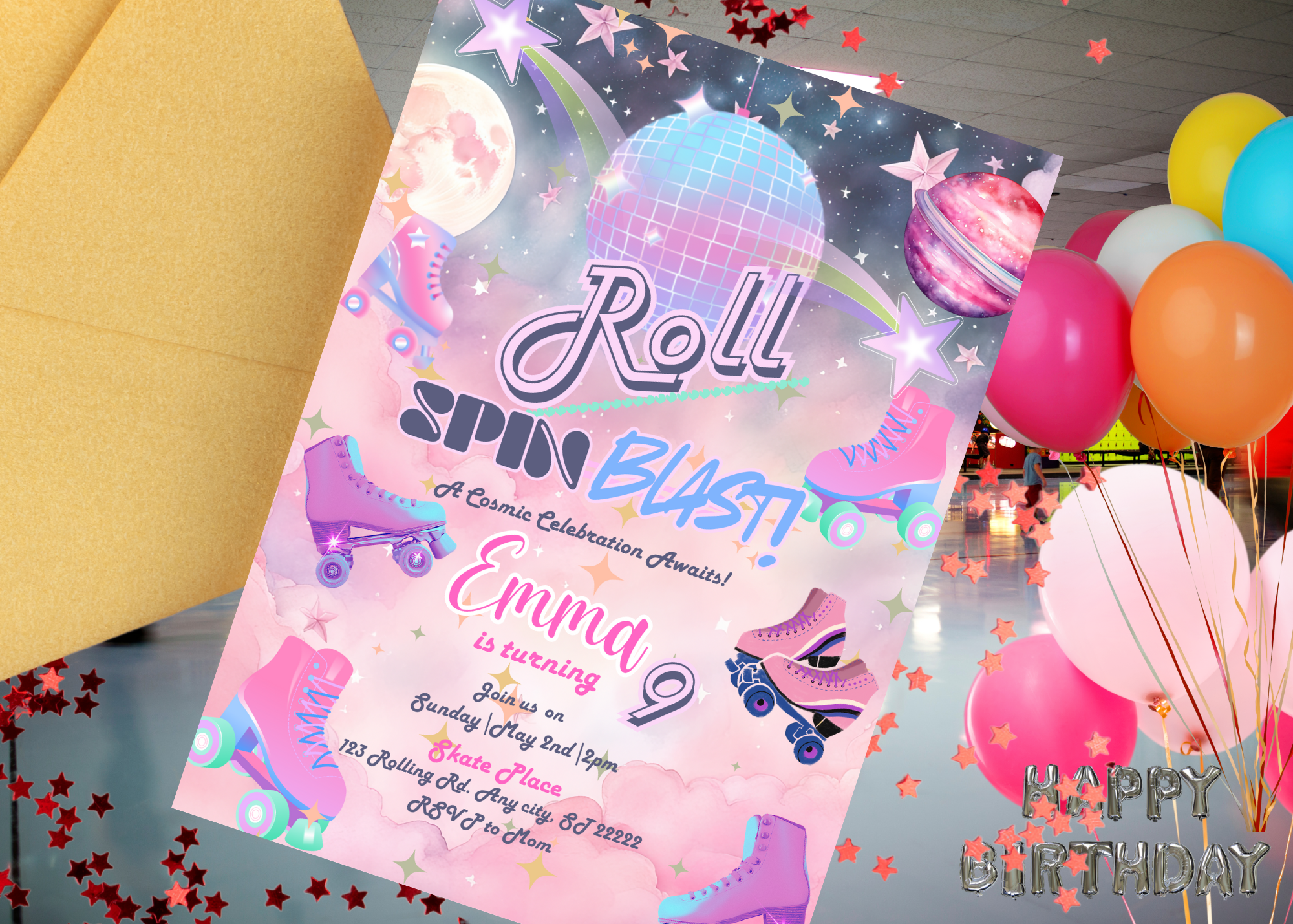 Roller Skating Birthday Invitation | Space Theme Kids Party Invite | Pink & Purple Galaxy Skate Birthday | Cosmic Skating Party Printable