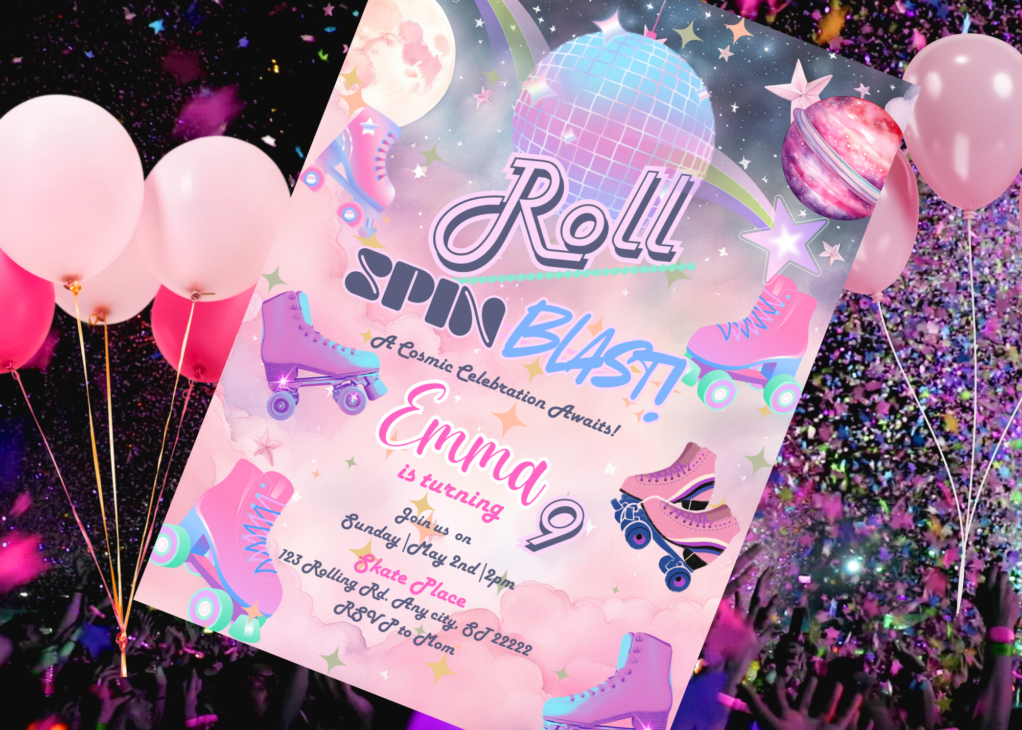 Roller Skating Birthday Invitation | Space Theme Kids Party Invite | Pink & Purple Galaxy Skate Birthday | Cosmic Skating Party Printable