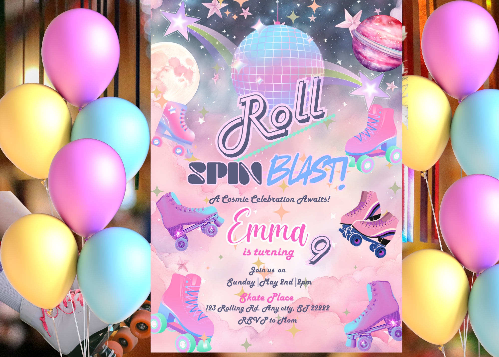 Roller Skating Birthday Invitation | Space Theme Kids Party Invite | Pink & Purple Galaxy Skate Birthday | Cosmic Skating Party Printable