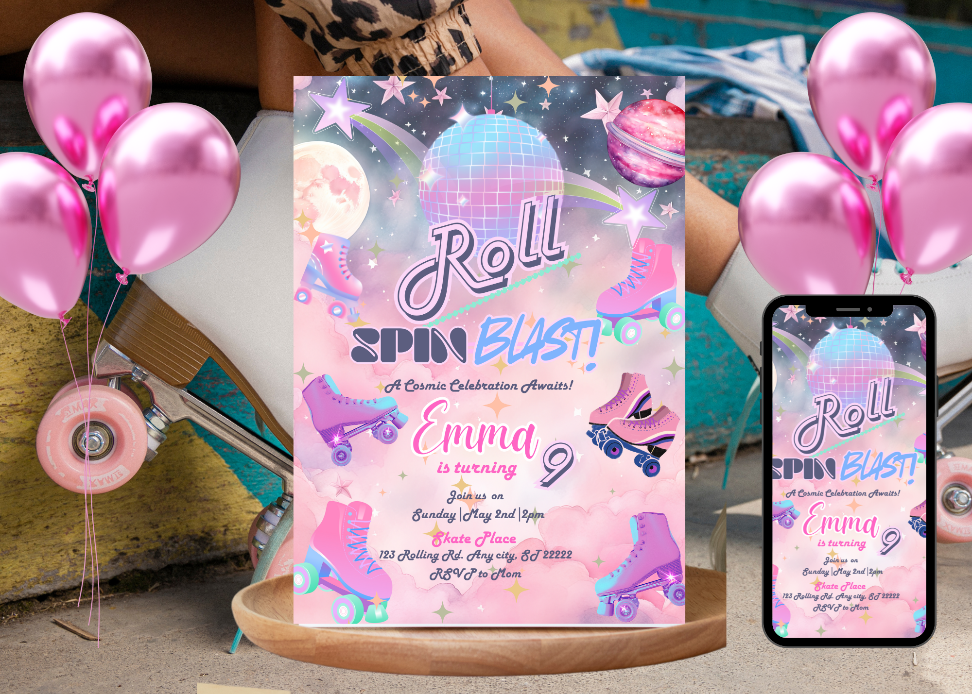 Roller Skating Birthday Invitation | Space Theme Kids Party Invite | Pink & Purple Galaxy Skate Birthday | Cosmic Skating Party Printable