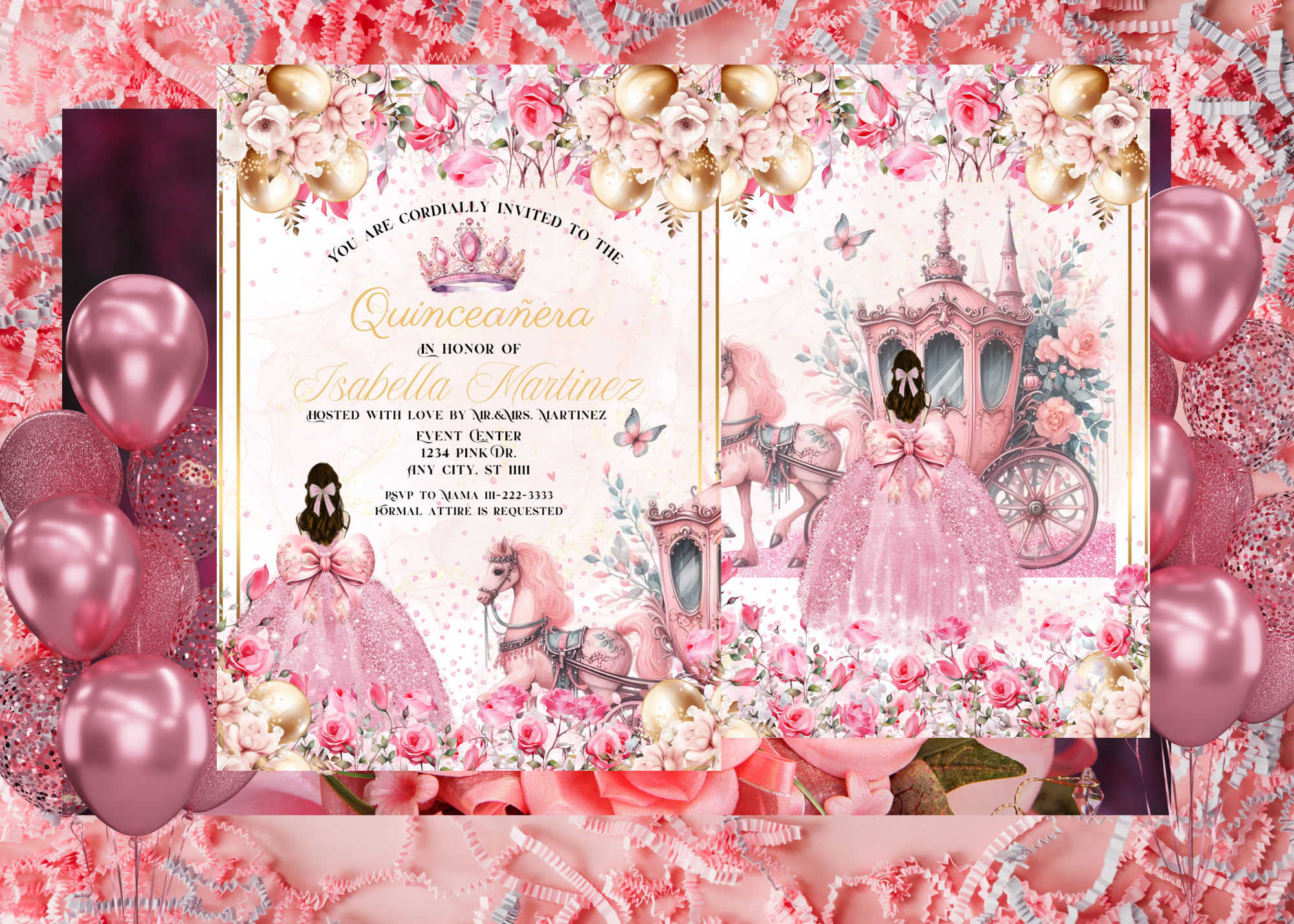 Quinceañera Digital Invitation | Pink Princess Theme with Horse & Carriage | Editable Canva Template | Floral Design