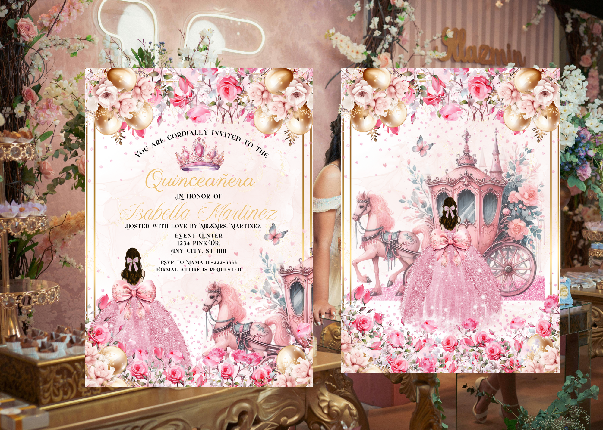 Quinceañera Digital Invitation | Pink Princess Theme with Horse & Carriage | Editable Canva Template | Floral Design