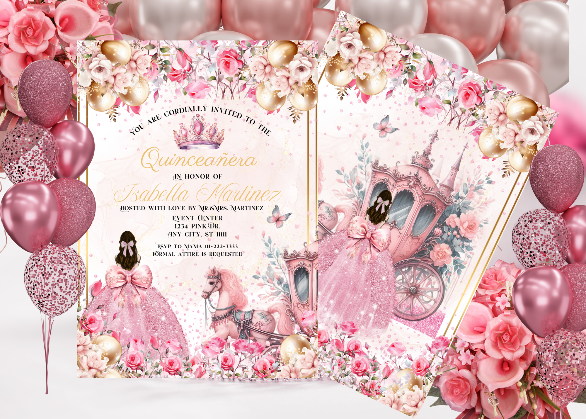 Quinceañera Digital Invitation | Pink Princess Theme with Horse & Carriage | Editable Canva Template | Floral Design